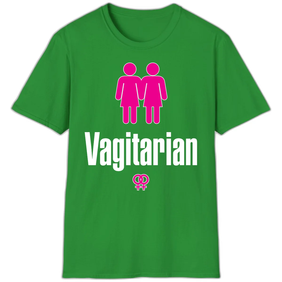 Vagitarian lesbian pride design with two women figures holding hands and interlocking female symbols in magenta and white in Irish Green