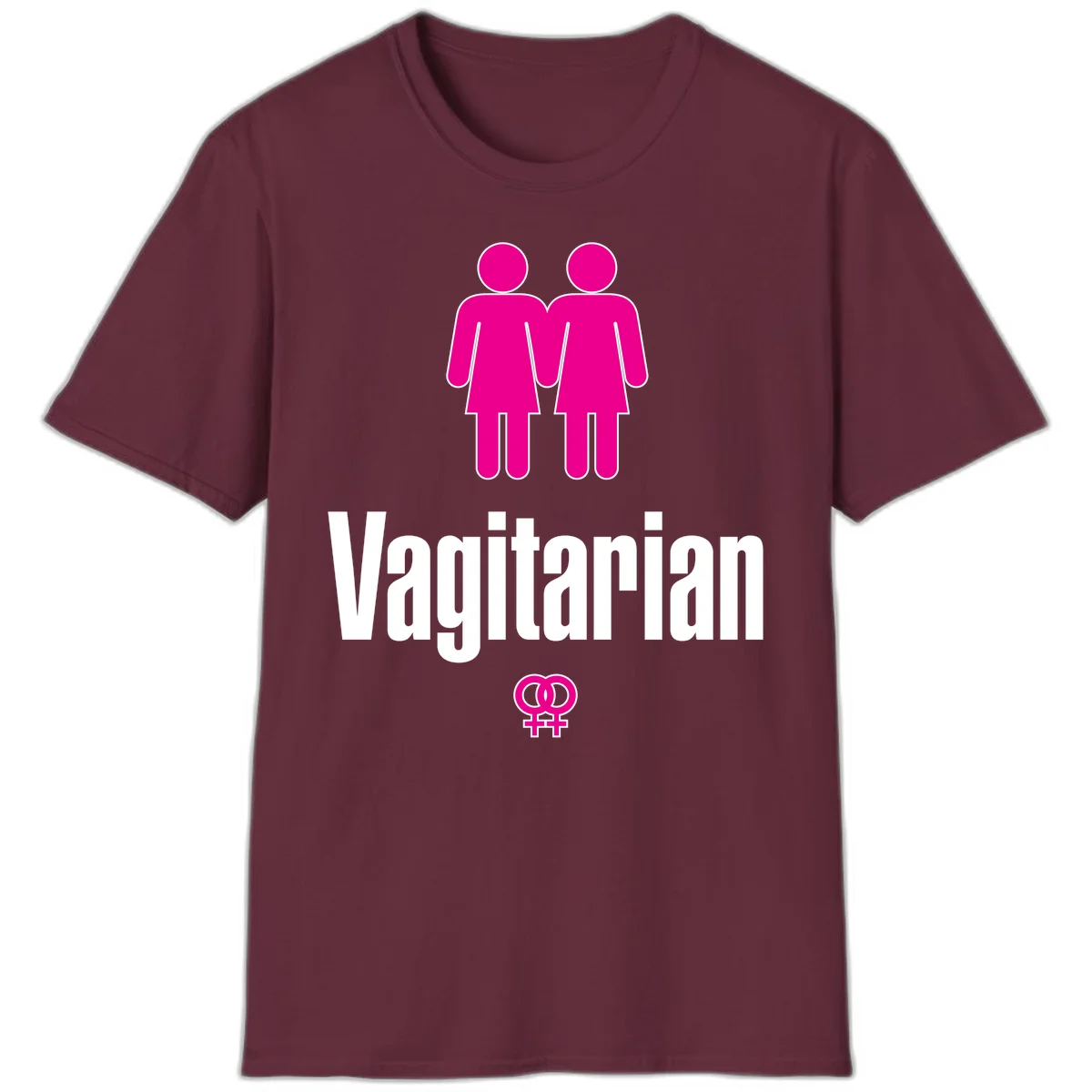 Vagitarian lesbian pride design with two women figures holding hands and interlocking female symbols in magenta and white in Maroon