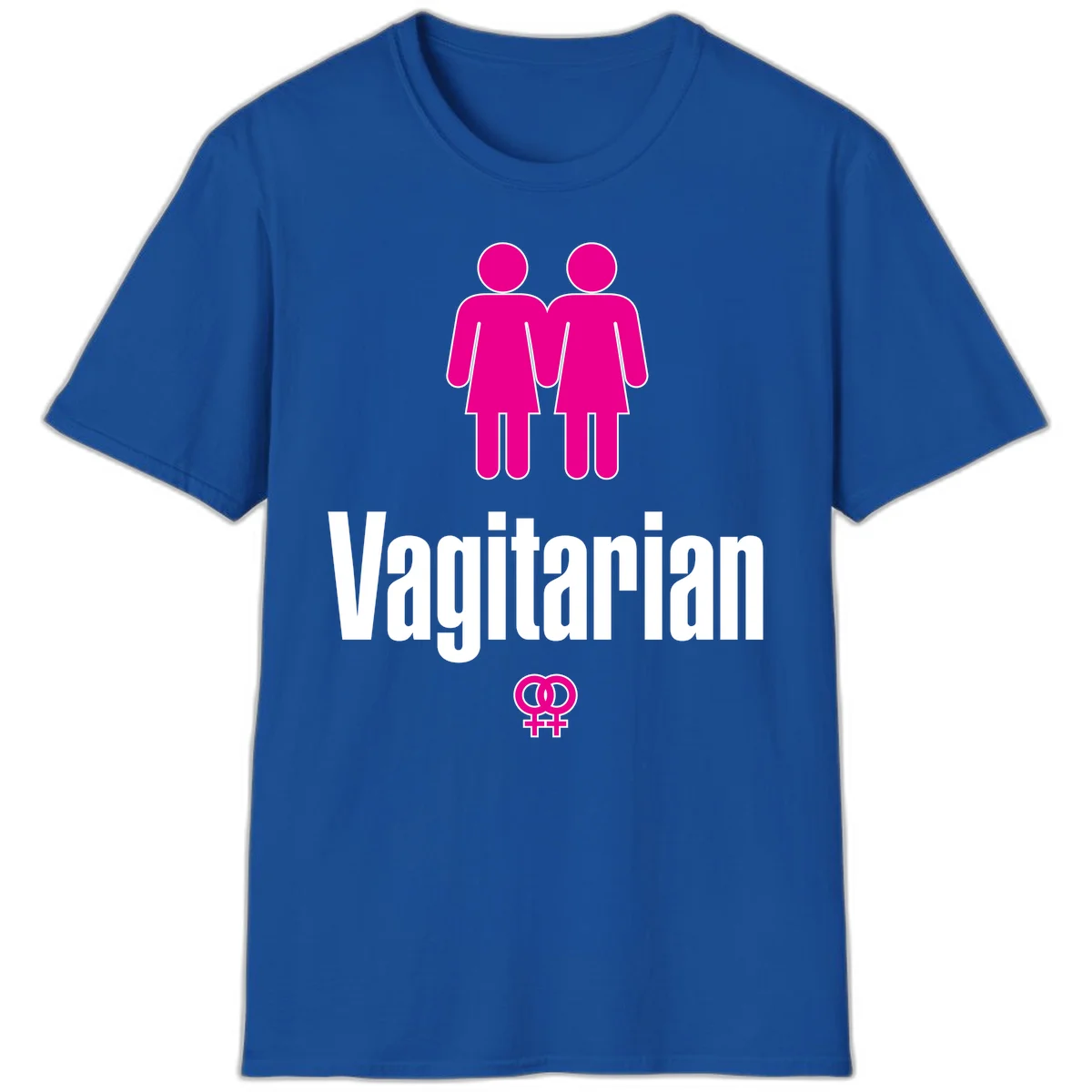 Vagitarian lesbian pride design with two women figures holding hands and interlocking female symbols in magenta and white in Royal