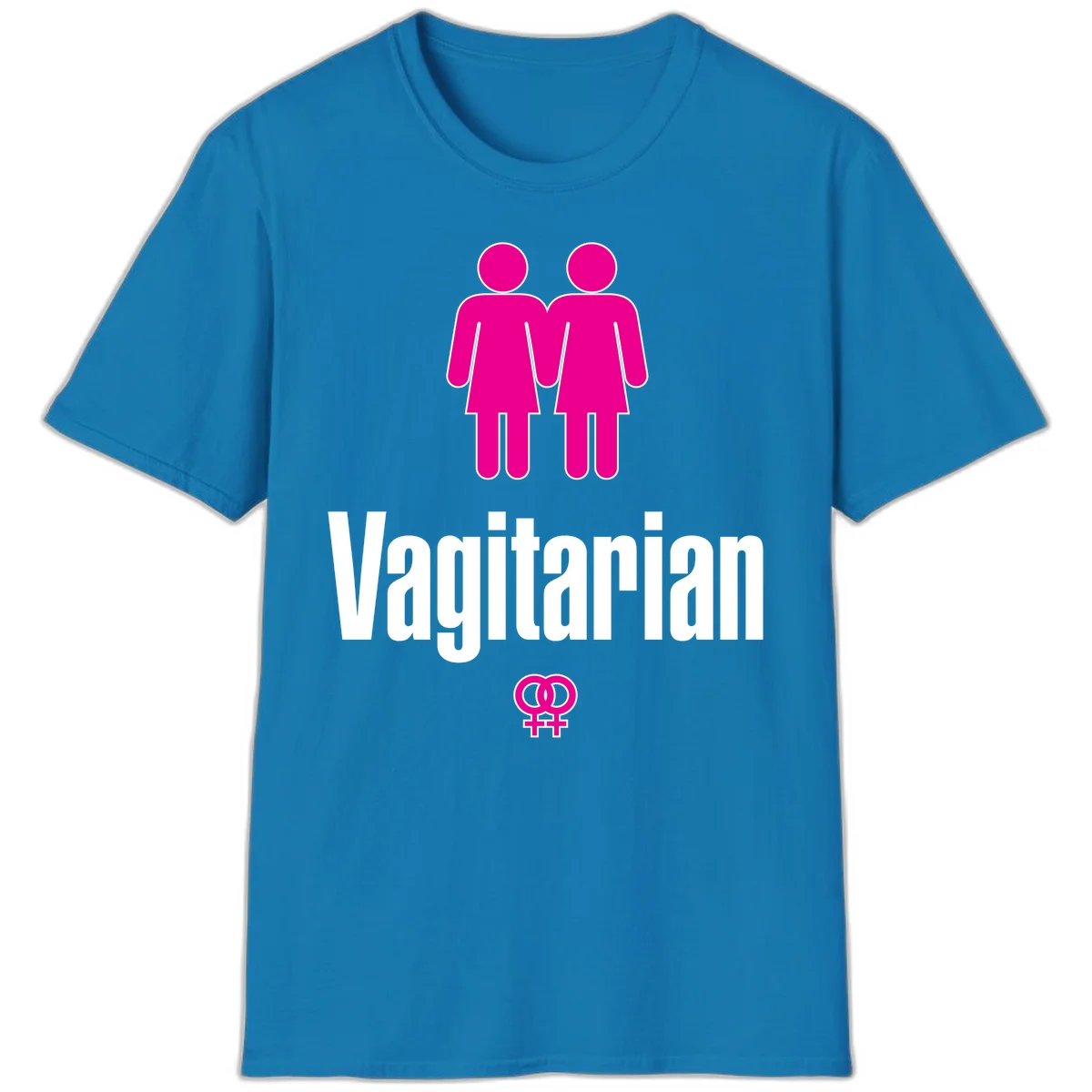 Vagitarian lesbian pride design with two women figures holding hands and interlocking female symbols in magenta and white in Sapphire
