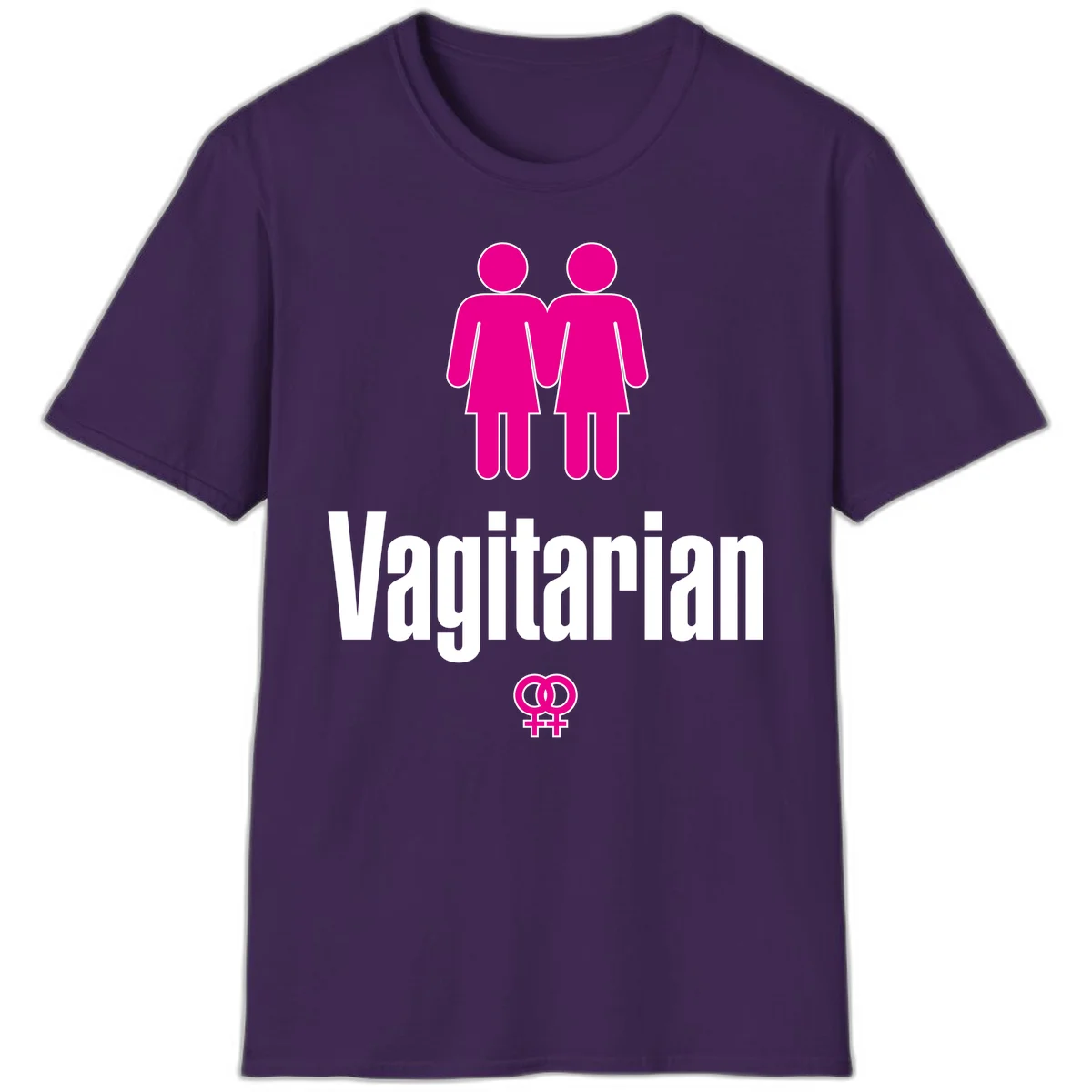 Vagitarian lesbian pride design with two women figures holding hands and interlocking female symbols in magenta and white in Purple