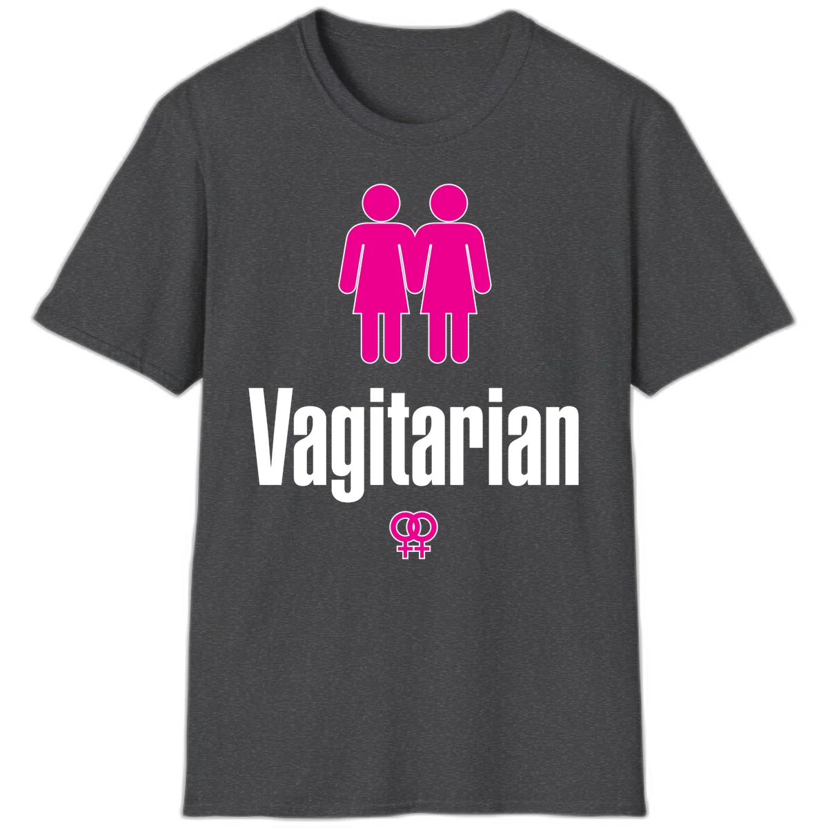Vagitarian lesbian pride design with two women figures holding hands and interlocking female symbols in magenta and white in Dark Heather