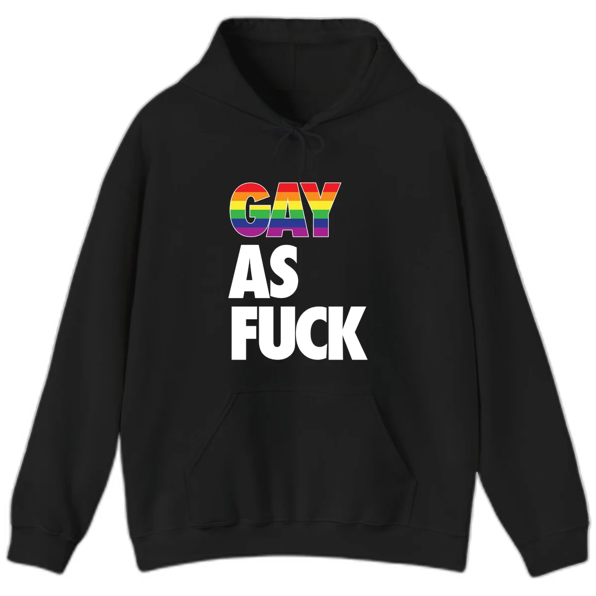 Gay as fuck pride design with rainbow flag colors in bold white letters on gray background in Black