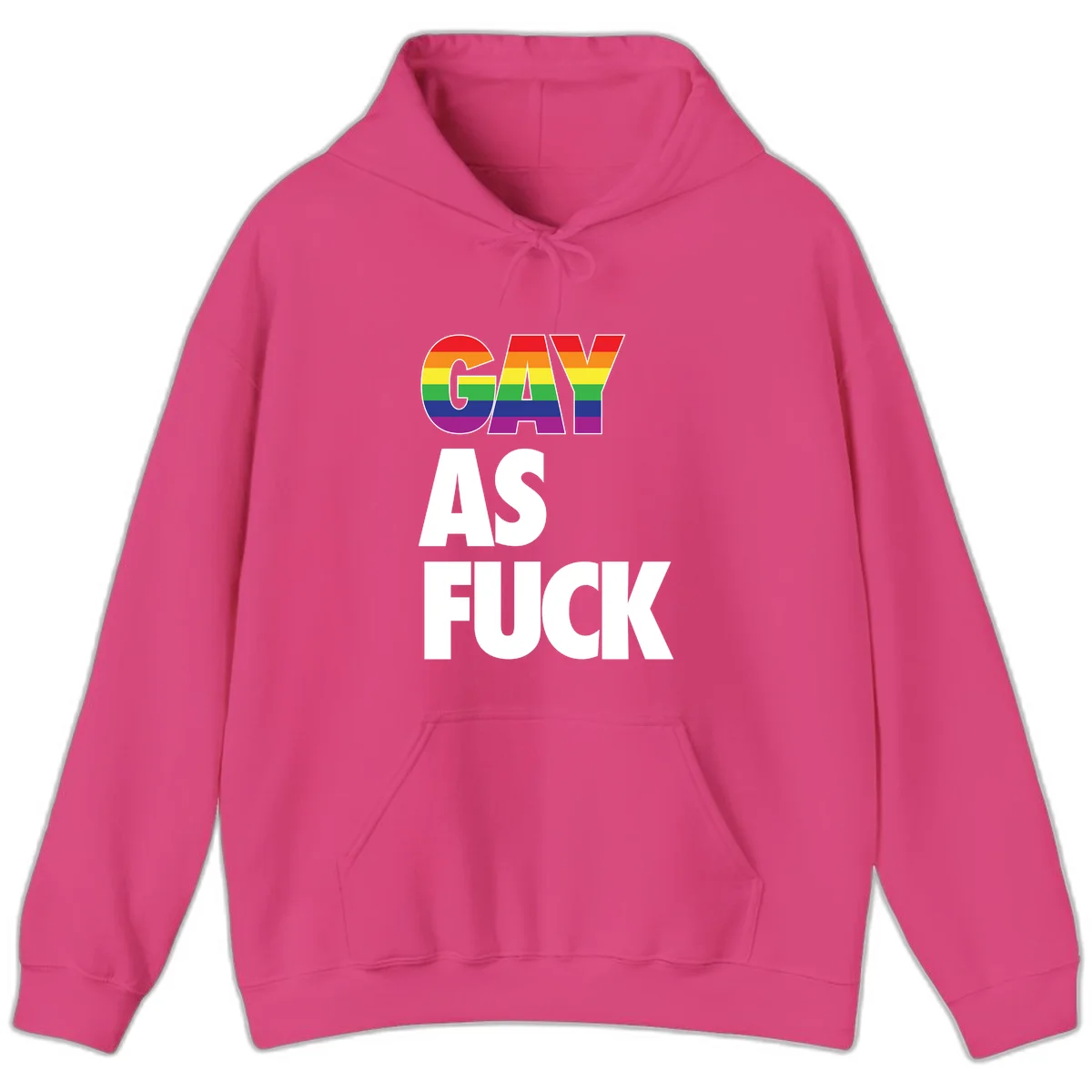Gay as fuck pride design with rainbow flag colors in bold white letters on gray background in Heliconia