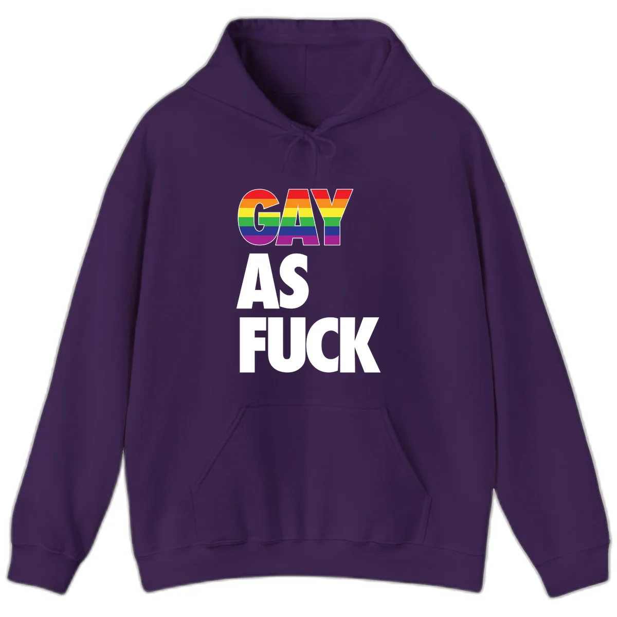 Gay as fuck pride design with rainbow flag colors in bold white letters on gray background in Purple