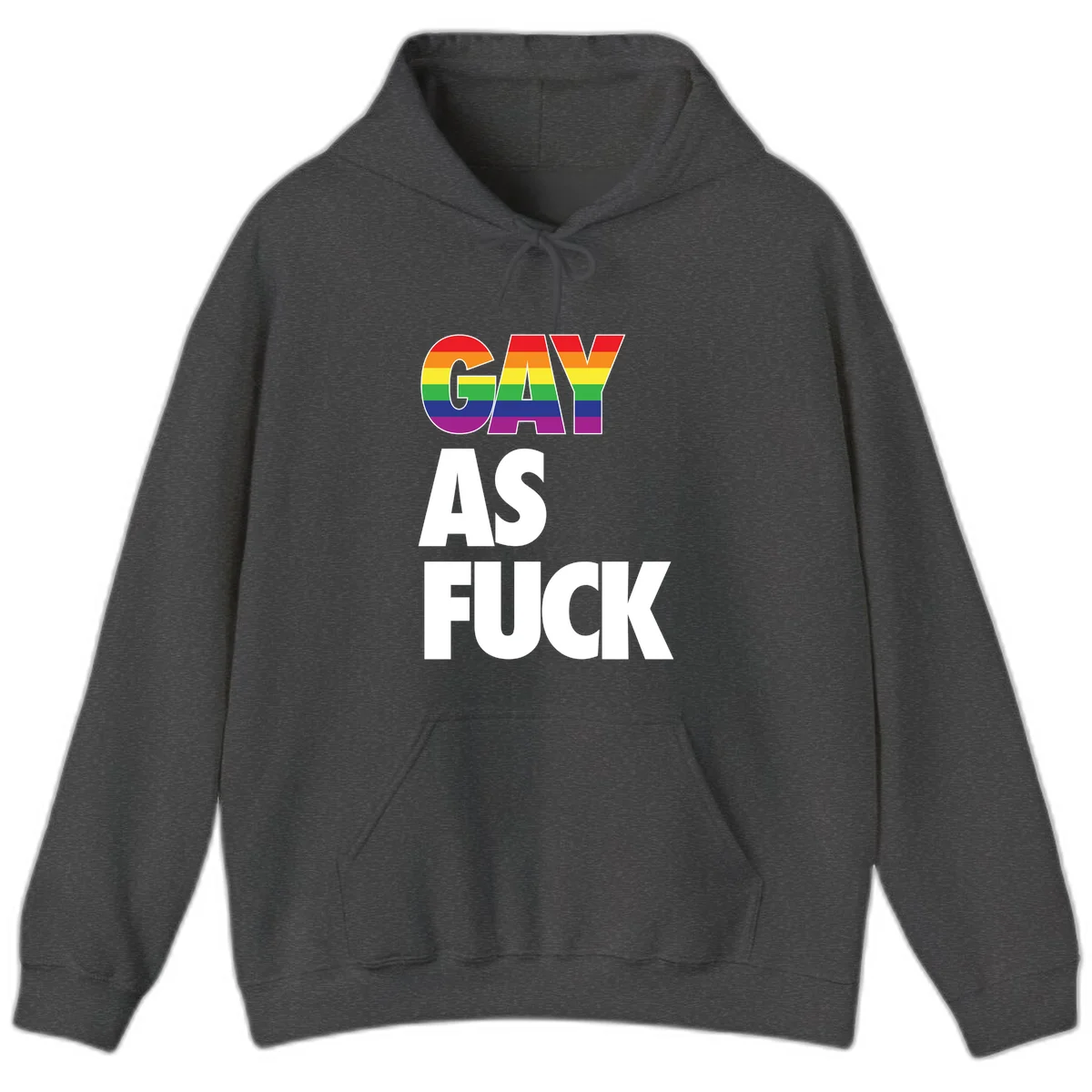 Gay as fuck pride design with rainbow flag colors in bold white letters on gray background in Dark Heather