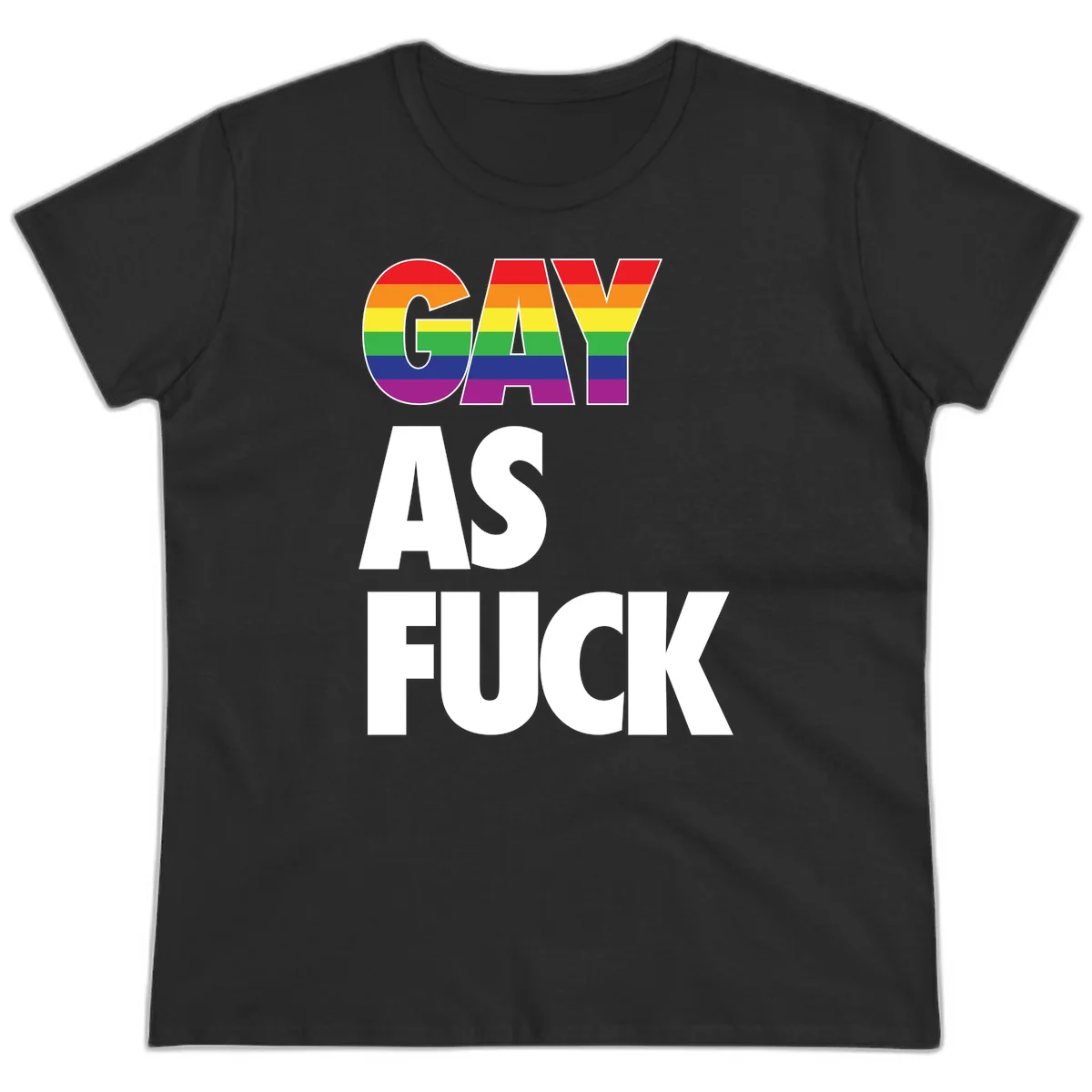 Gay as fuck pride design with rainbow flag colors in bold white letters on gray background in Black