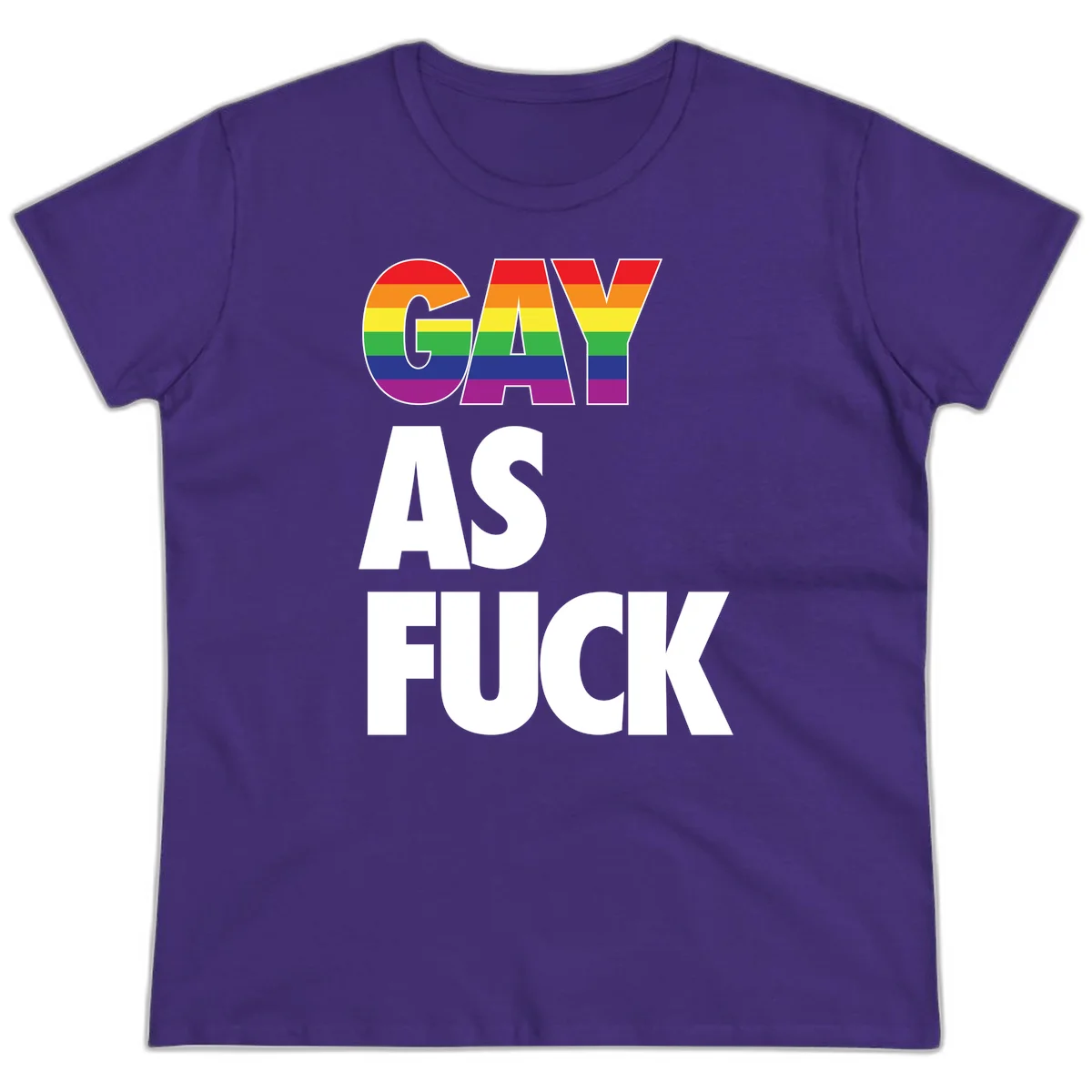 Gay as fuck pride design with rainbow flag colors in bold white letters on gray background in Purple