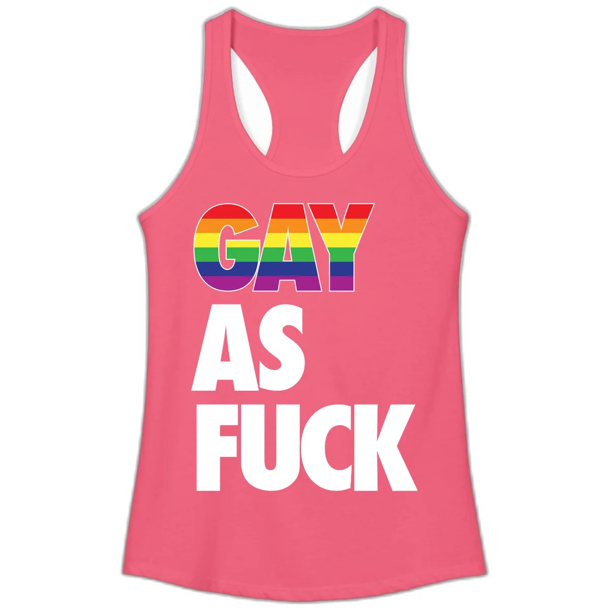 Gay as fuck pride design with rainbow flag colors in bold white letters on gray background in Hot Pink