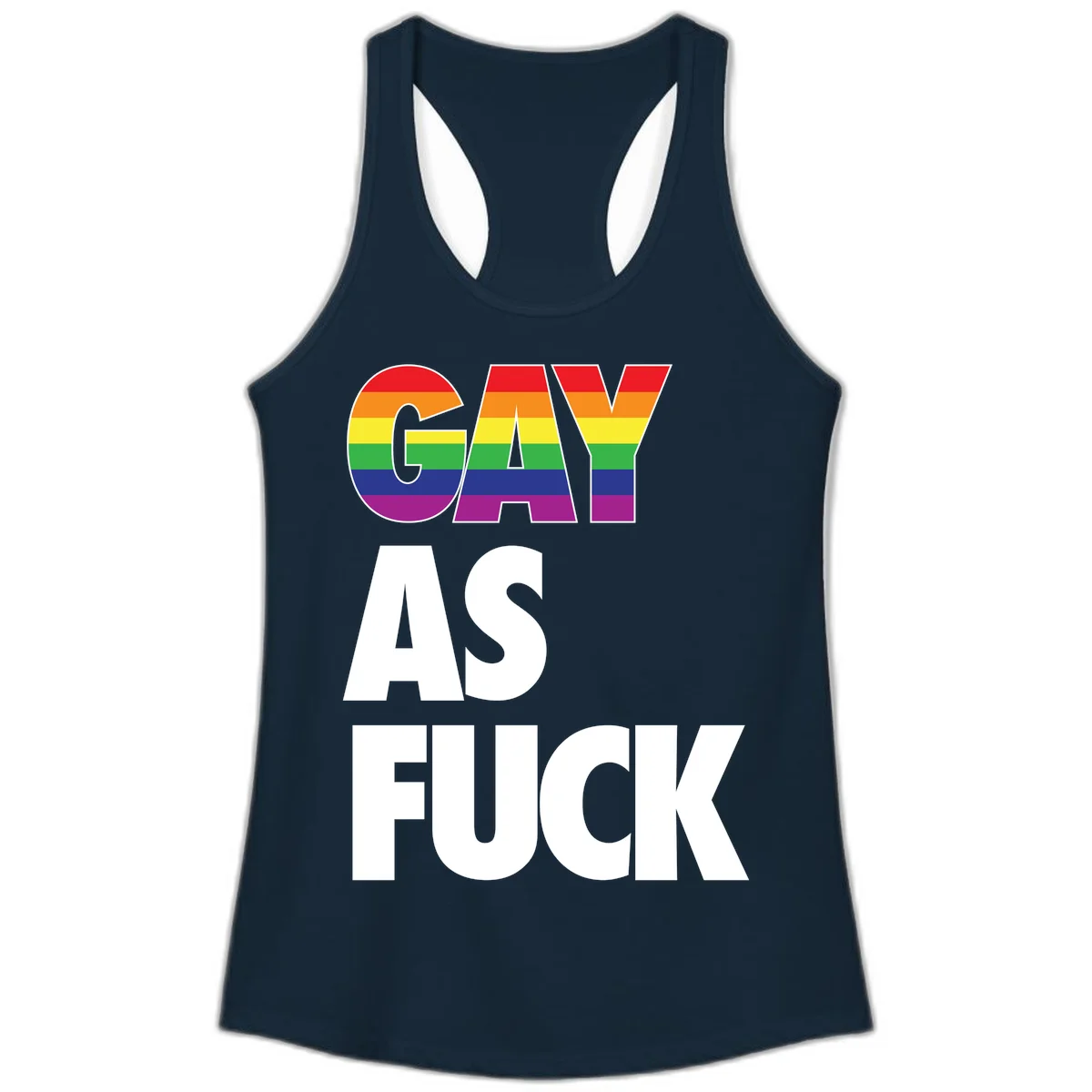 Gay as fuck pride design with rainbow flag colors in bold white letters on gray background in Solid Midnight Navy