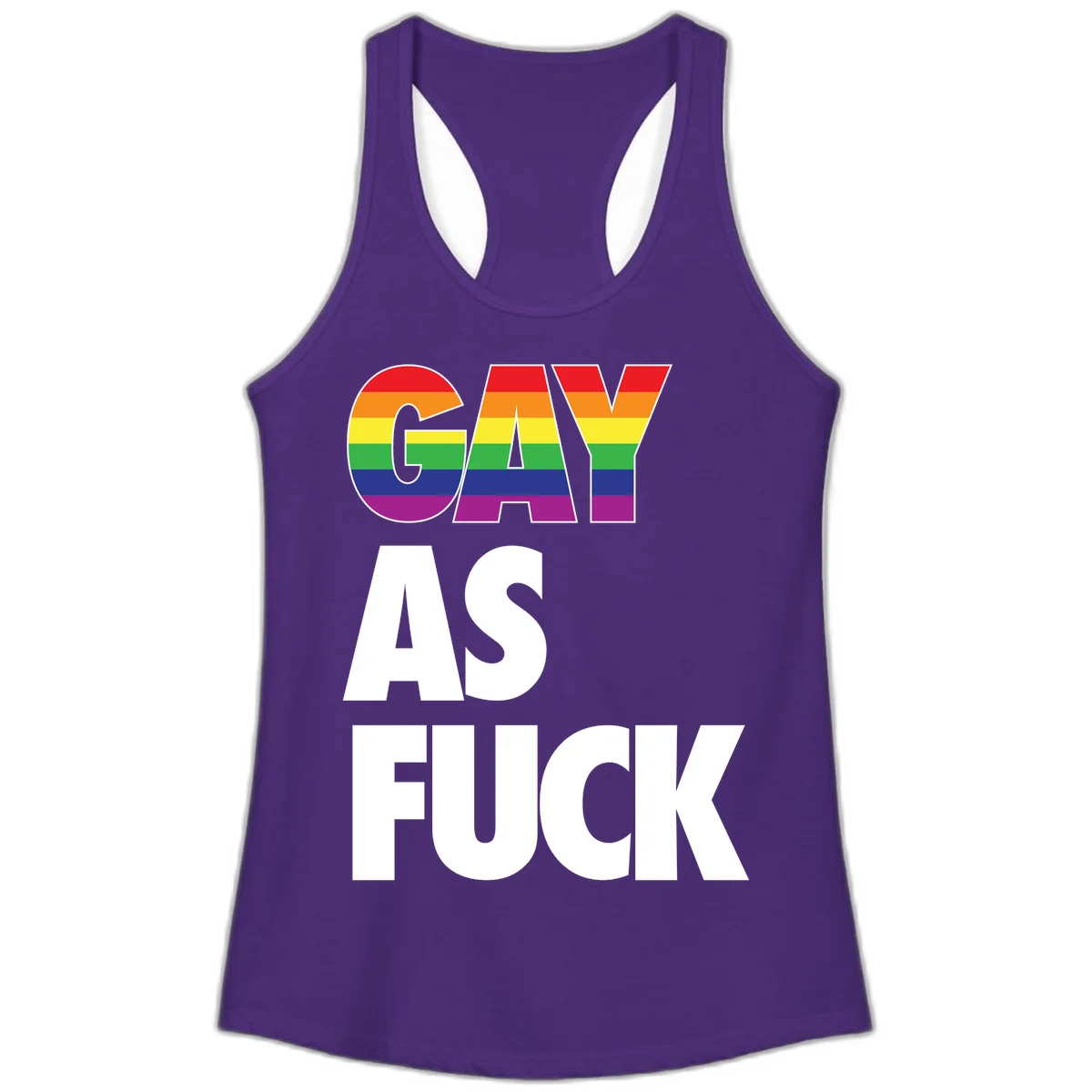 Gay as fuck pride design with rainbow flag colors in bold white letters on gray background in Solid Purple Rush