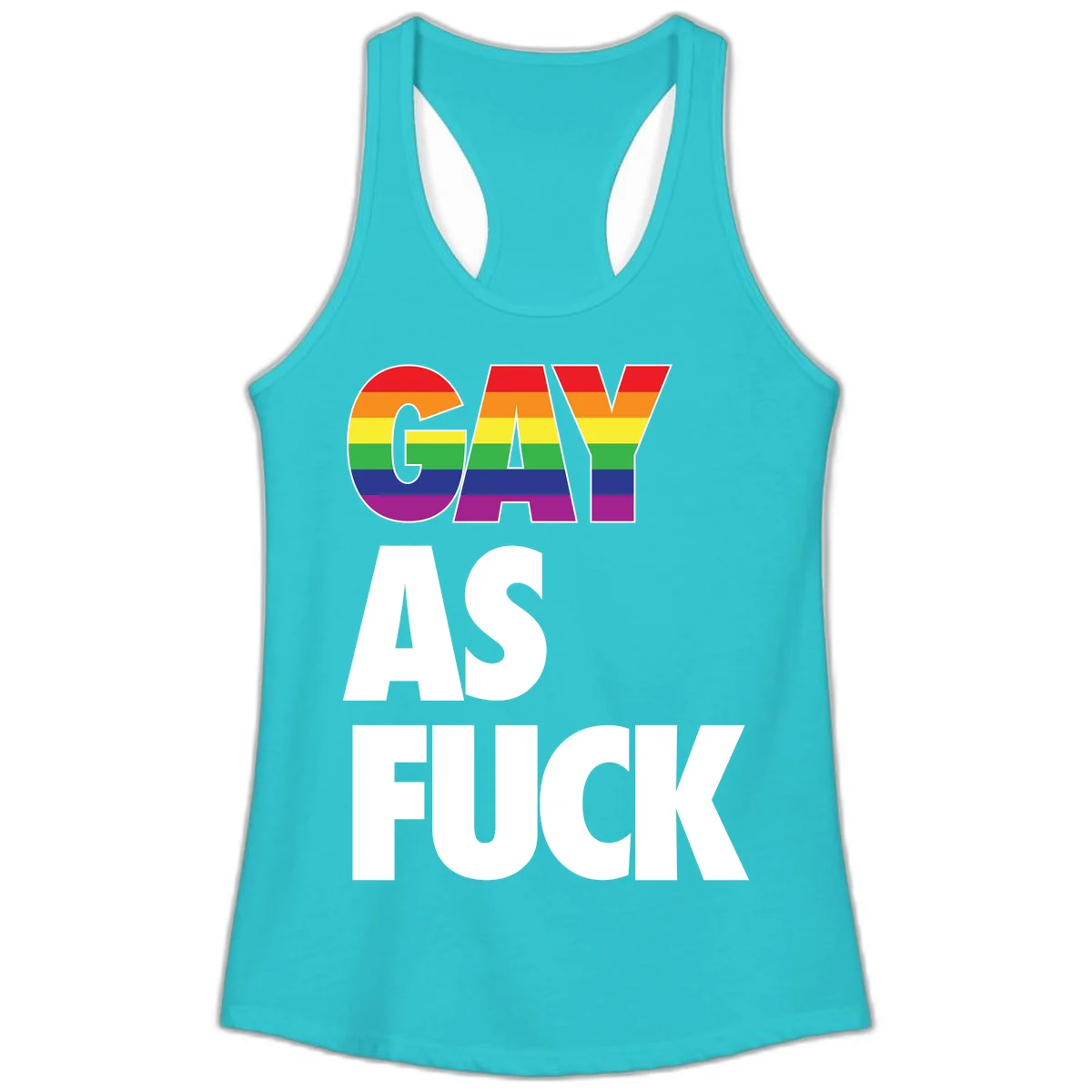 Gay as fuck pride design with rainbow flag colors in bold white letters on gray background in Solid Tahiti Blue