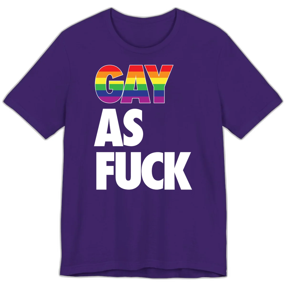 Gay as fuck pride design with rainbow flag colors in bold white letters on gray background in Team Purple