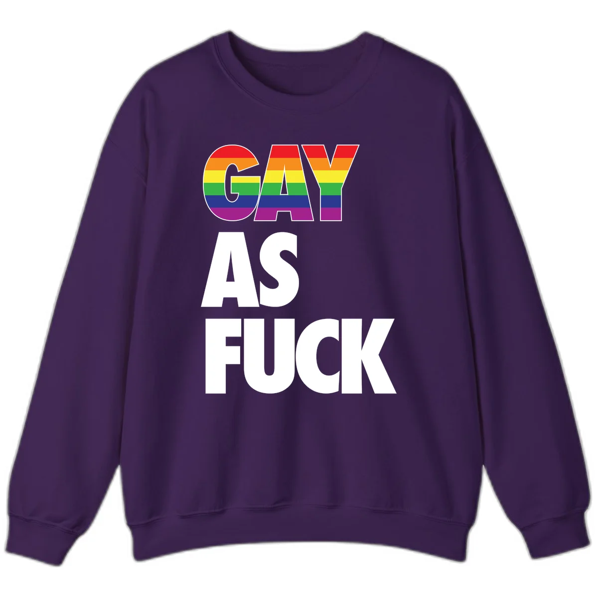 Gay as fuck pride design with rainbow flag colors in bold white letters on gray background in Purple