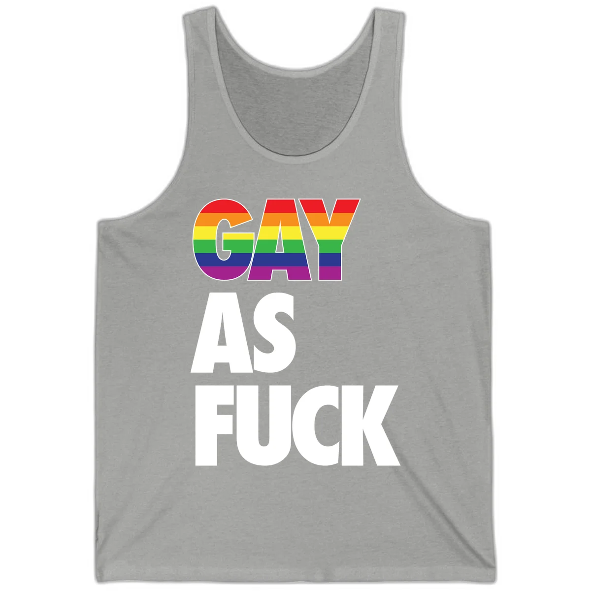 Gay as fuck pride design with rainbow flag colors in bold white letters on gray background in Athletic Heather
