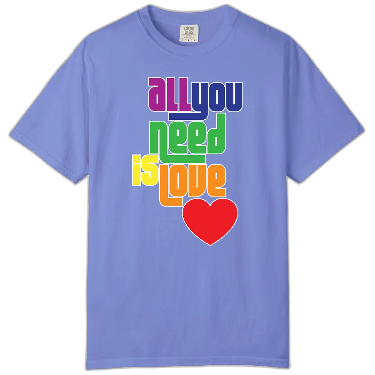 Colorful rainbow typography spelling 'all you need is hope' with a red heart, representing LGBTQ+ pride and inclusivity in Flo Blue