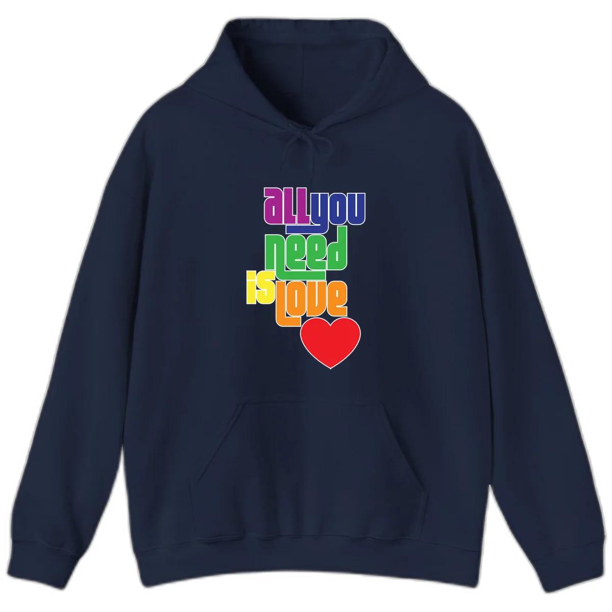 Colorful rainbow typography spelling 'all you need is hope' with a red heart, representing LGBTQ+ pride and inclusivity in Navy