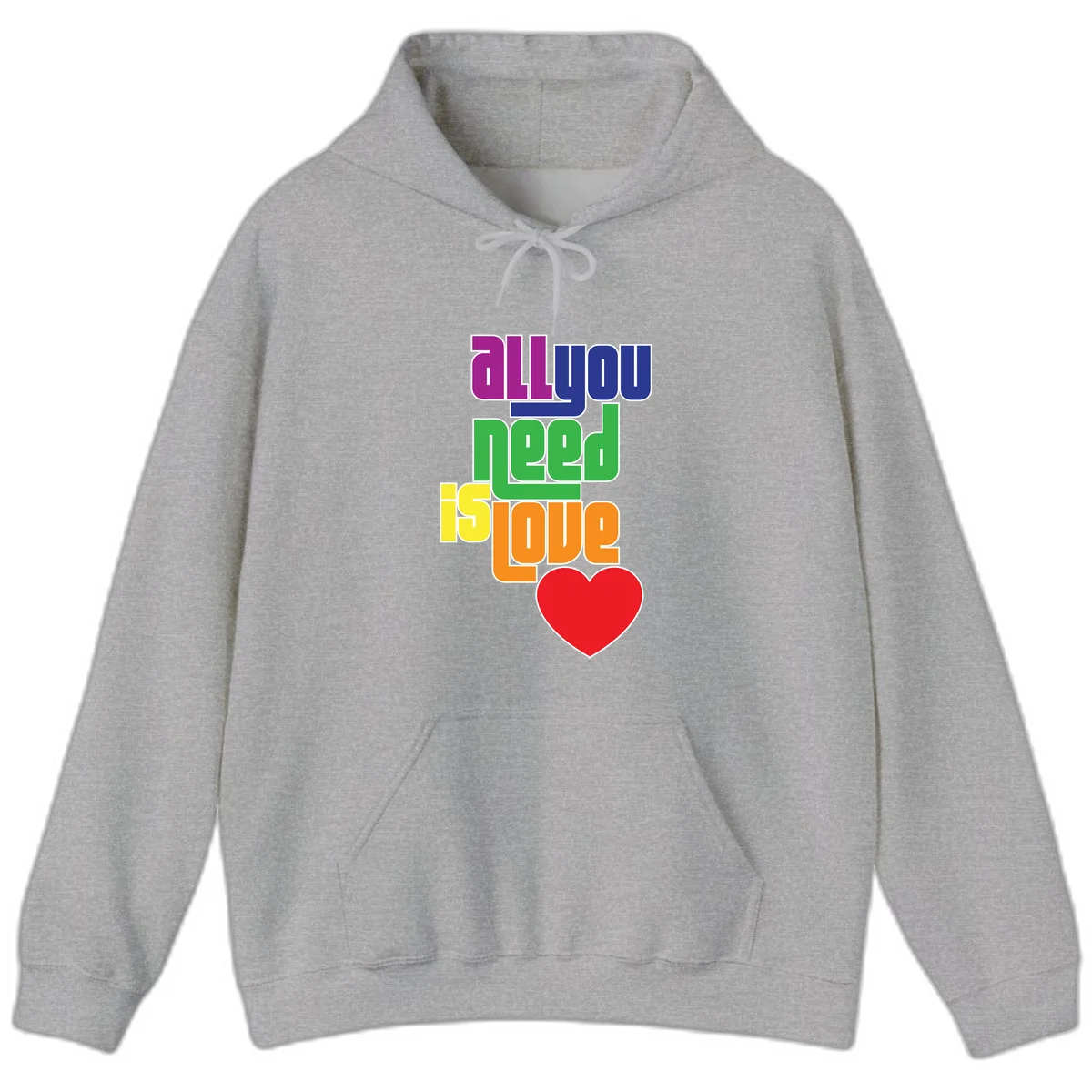 Colorful rainbow typography spelling 'all you need is hope' with a red heart, representing LGBTQ+ pride and inclusivity in Sport Grey