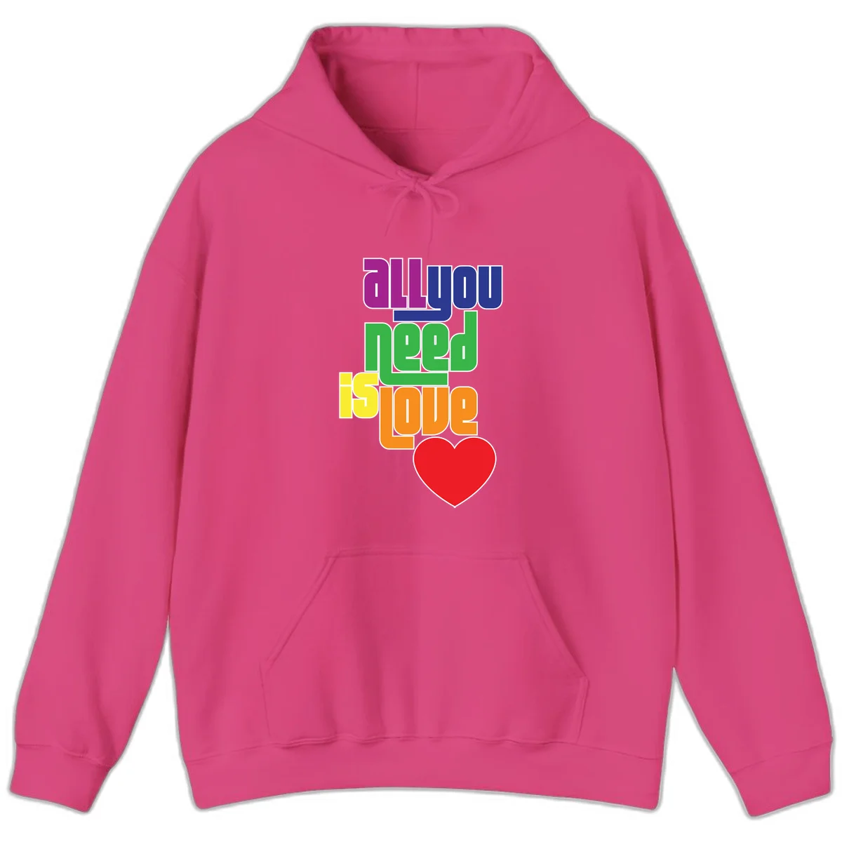 Colorful rainbow typography spelling 'all you need is hope' with a red heart, representing LGBTQ+ pride and inclusivity in Heliconia
