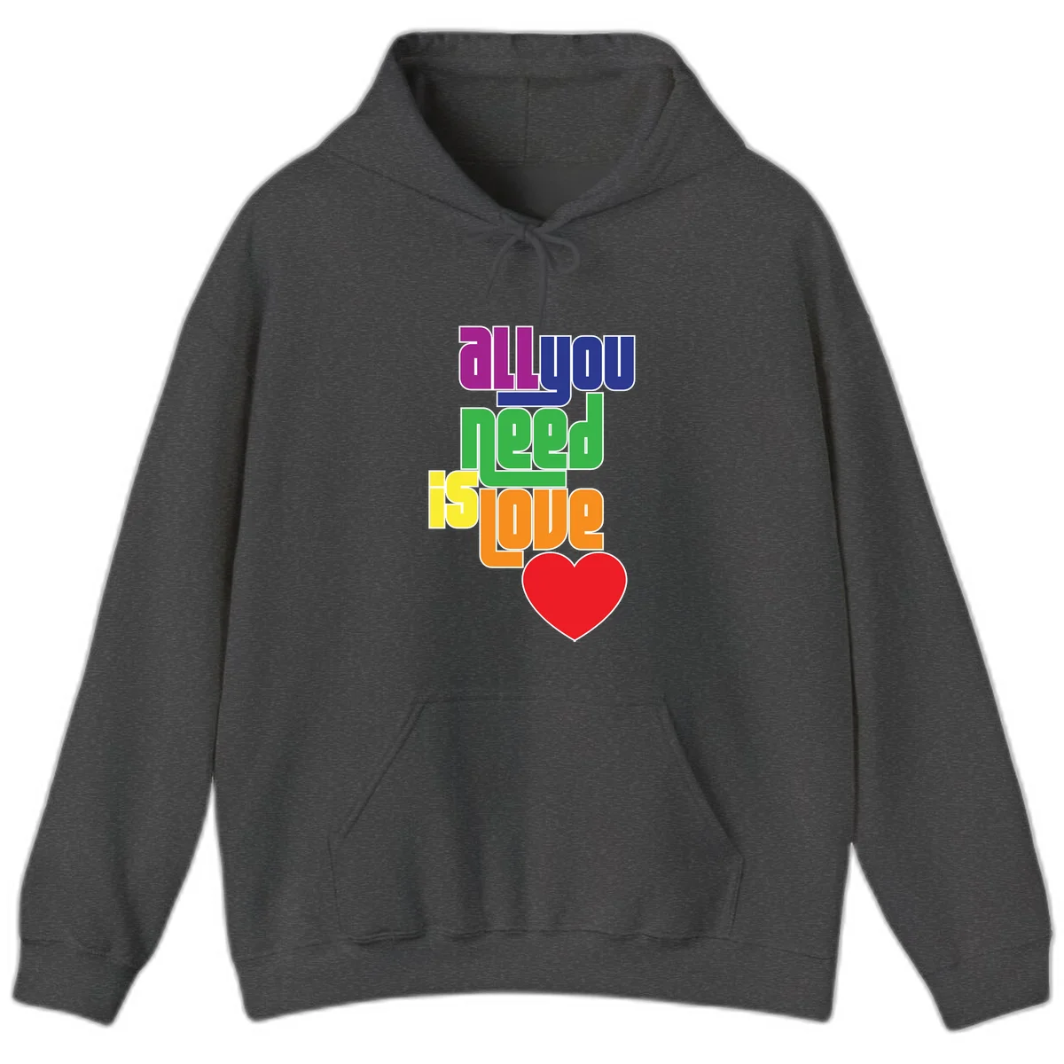 Colorful rainbow typography spelling 'all you need is hope' with a red heart, representing LGBTQ+ pride and inclusivity in Dark Heather