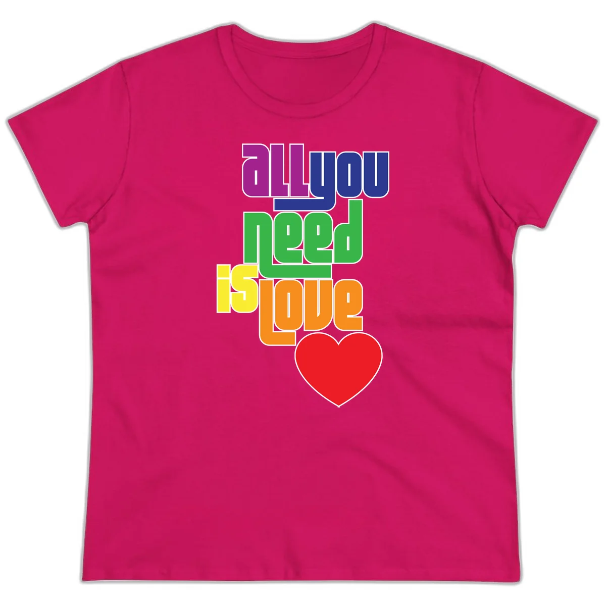 Colorful rainbow typography spelling 'all you need is hope' with a red heart, representing LGBTQ+ pride and inclusivity in Heliconia