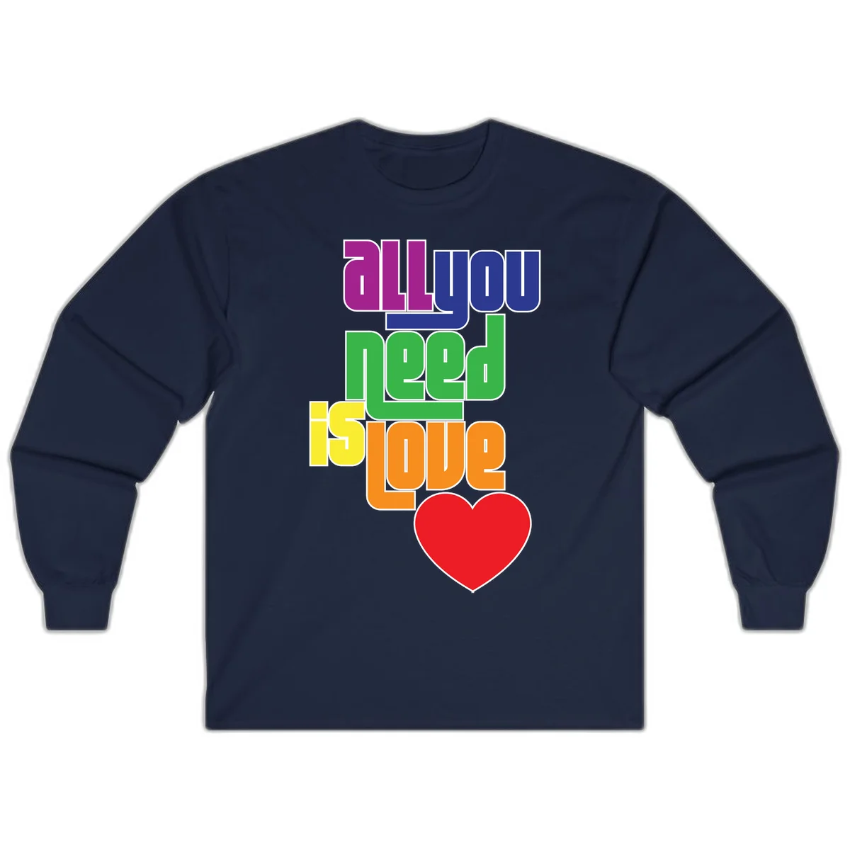 Colorful rainbow typography spelling 'all you need is hope' with a red heart, representing LGBTQ+ pride and inclusivity in Navy