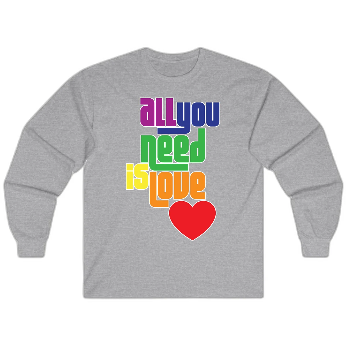 Colorful rainbow typography spelling 'all you need is hope' with a red heart, representing LGBTQ+ pride and inclusivity in Sport Grey