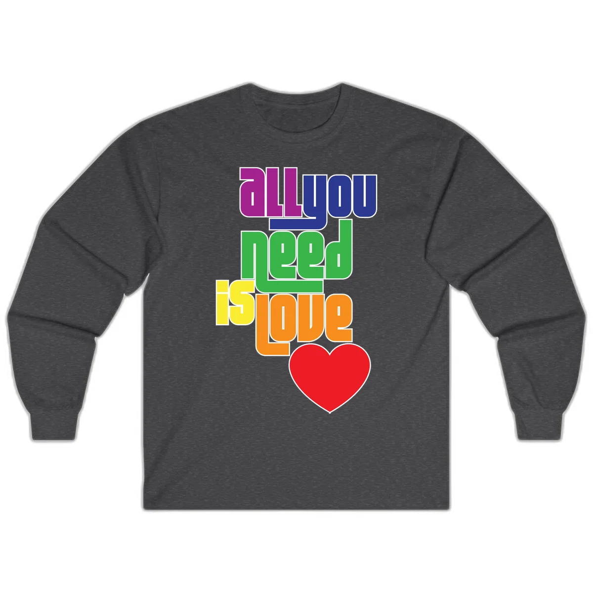 Colorful rainbow typography spelling 'all you need is hope' with a red heart, representing LGBTQ+ pride and inclusivity in Dark Heather