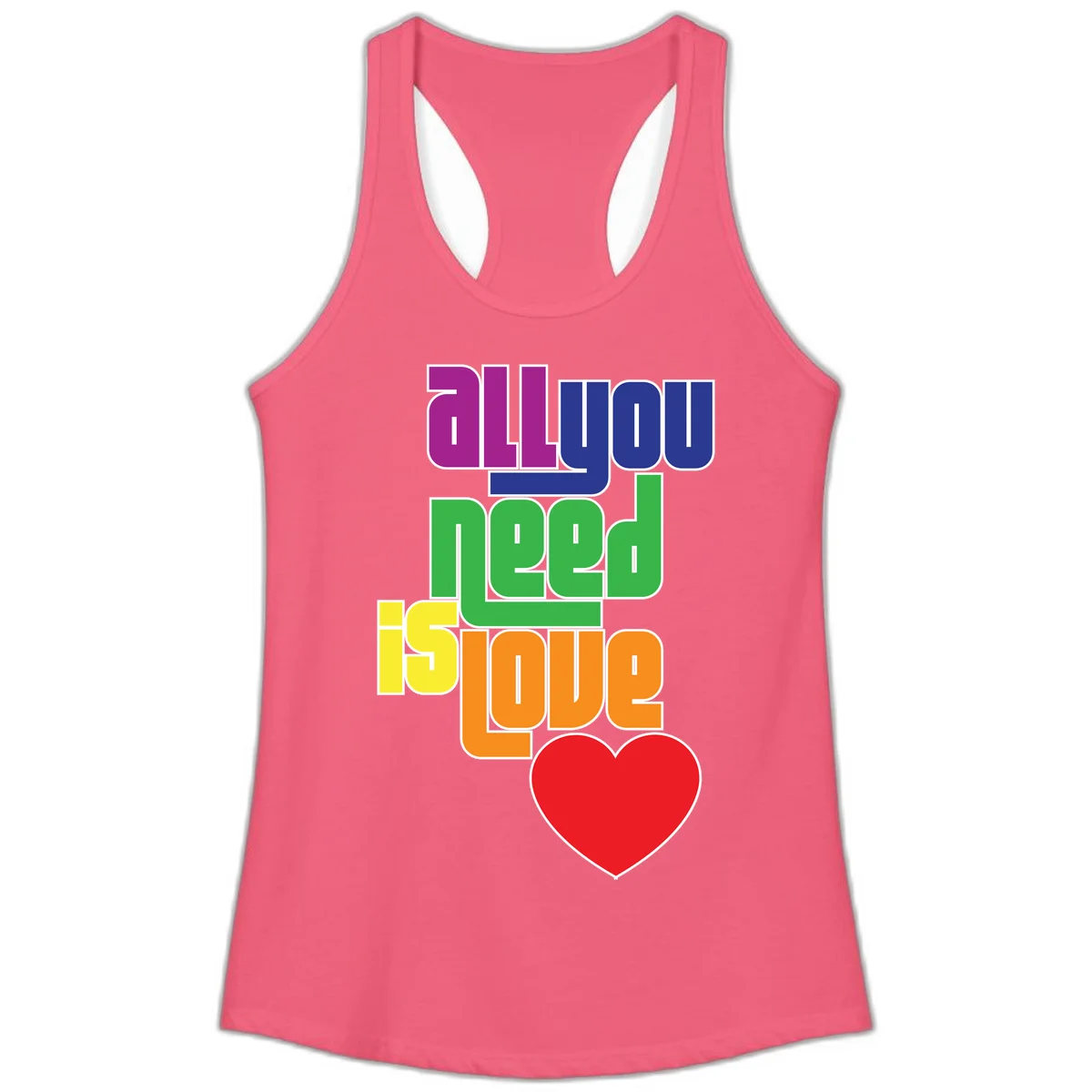 Colorful rainbow typography spelling 'all you need is hope' with a red heart, representing LGBTQ+ pride and inclusivity in Hot Pink