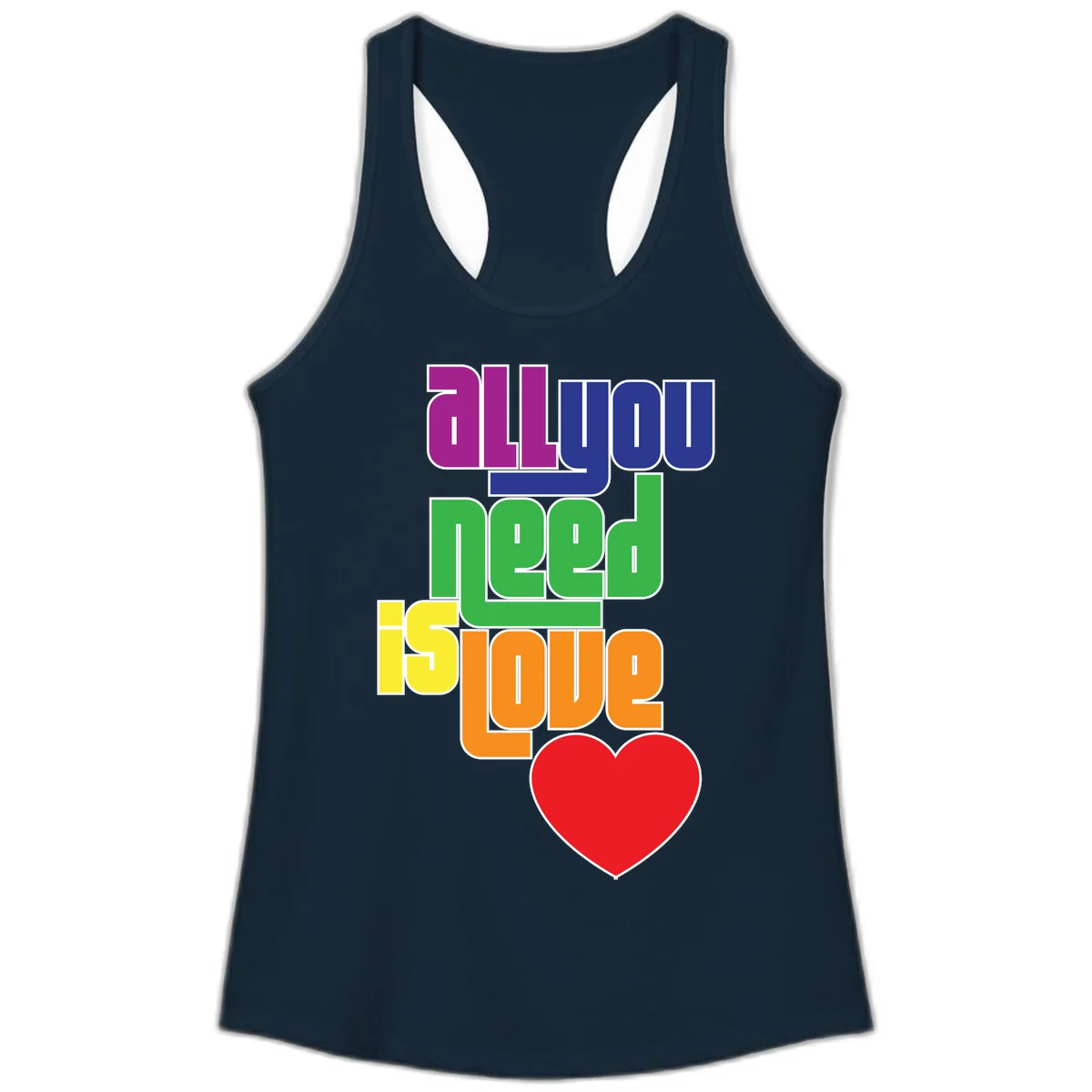 Colorful rainbow typography spelling 'all you need is hope' with a red heart, representing LGBTQ+ pride and inclusivity in Solid Midnight Navy