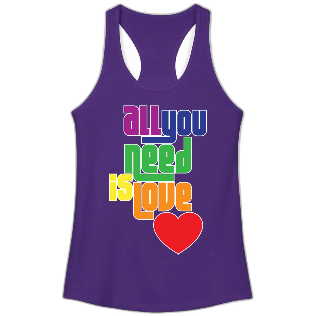 Colorful rainbow typography spelling 'all you need is hope' with a red heart, representing LGBTQ+ pride and inclusivity in Solid Purple Rush