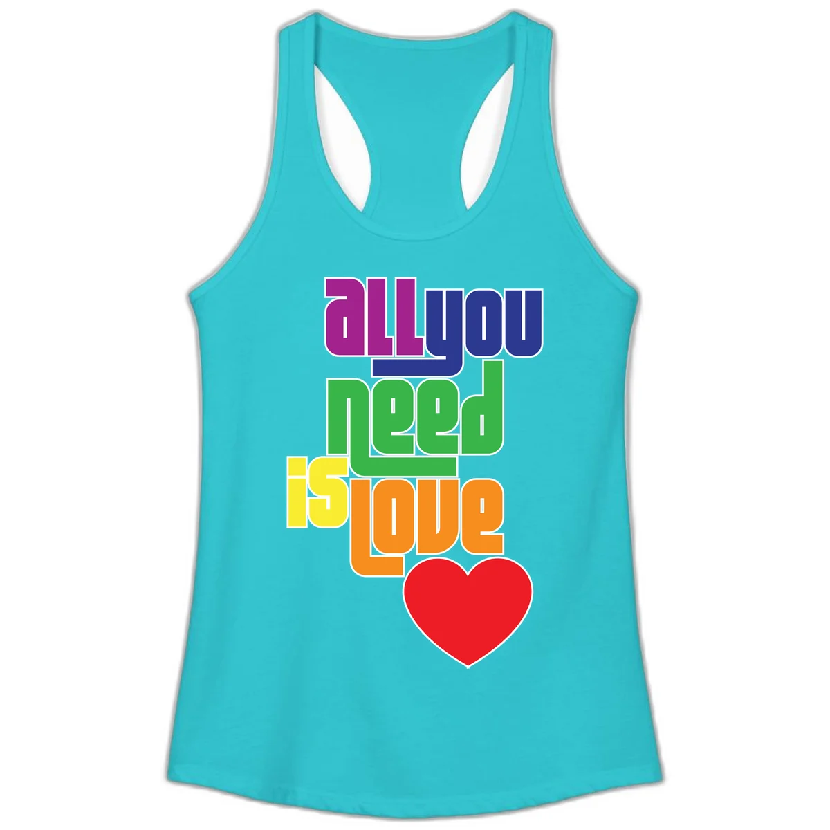 Colorful rainbow typography spelling 'all you need is hope' with a red heart, representing LGBTQ+ pride and inclusivity in Solid Tahiti Blue