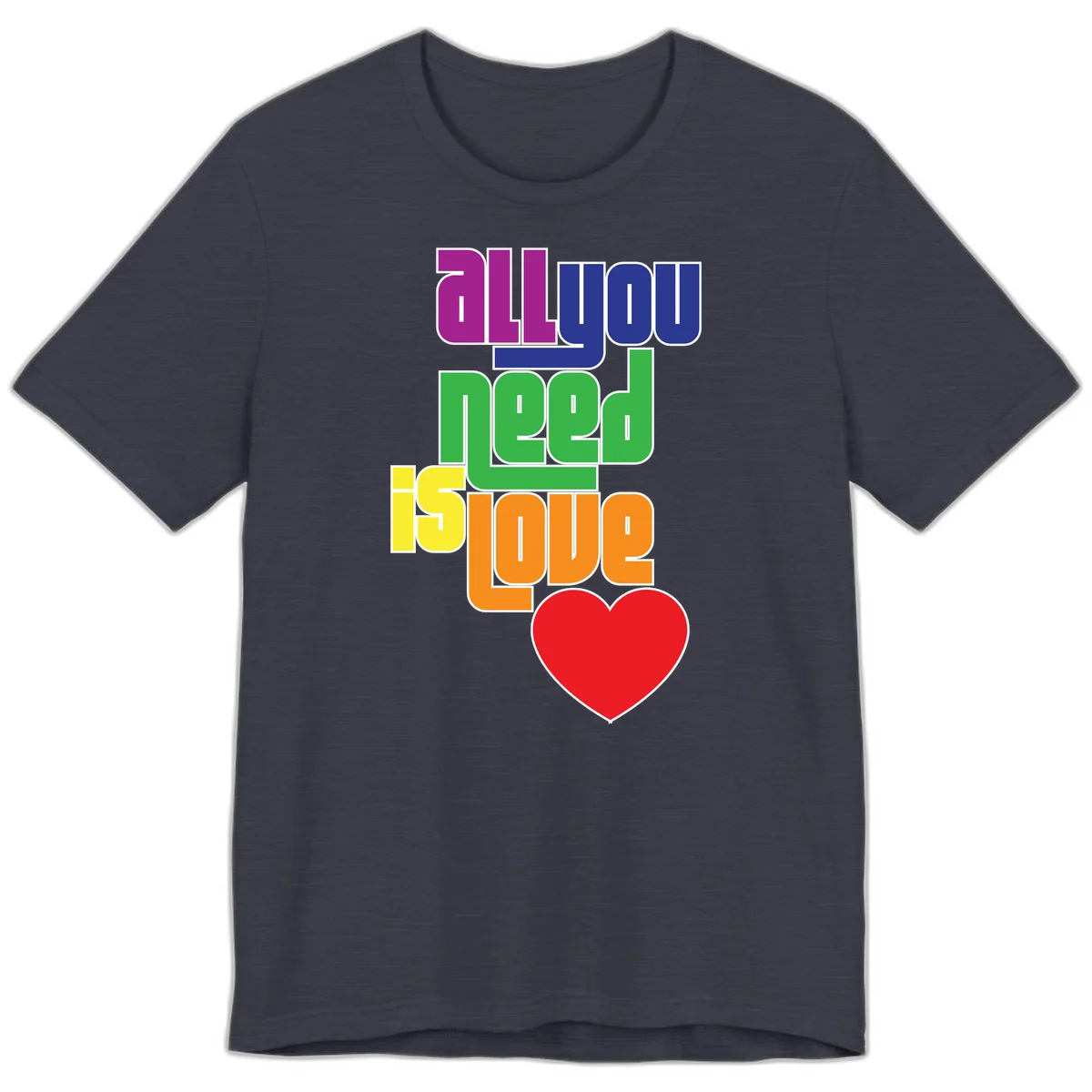Colorful rainbow typography spelling 'all you need is hope' with a red heart, representing LGBTQ+ pride and inclusivity in Heather Midnight Navy