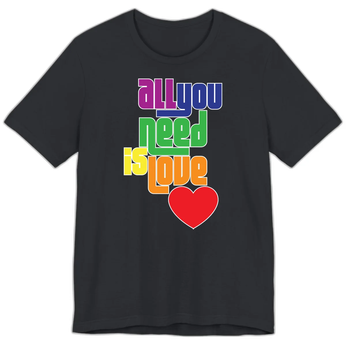 Colorful rainbow typography spelling 'all you need is hope' with a red heart, representing LGBTQ+ pride and inclusivity in Vintage Black