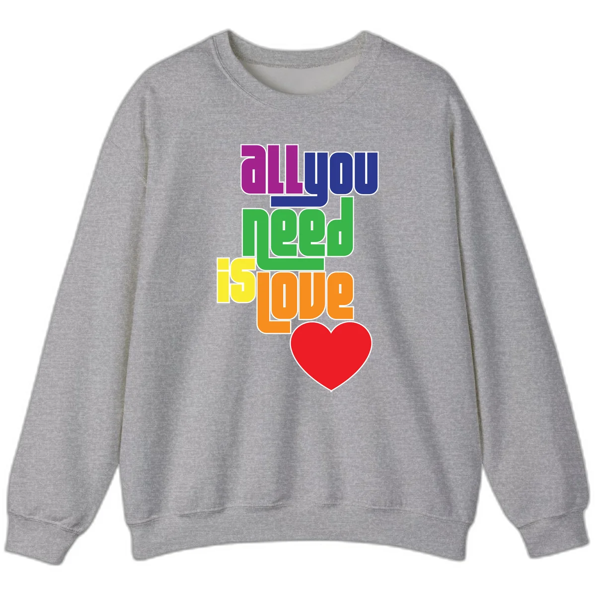 Colorful rainbow typography spelling 'all you need is hope' with a red heart, representing LGBTQ+ pride and inclusivity in Sport Grey