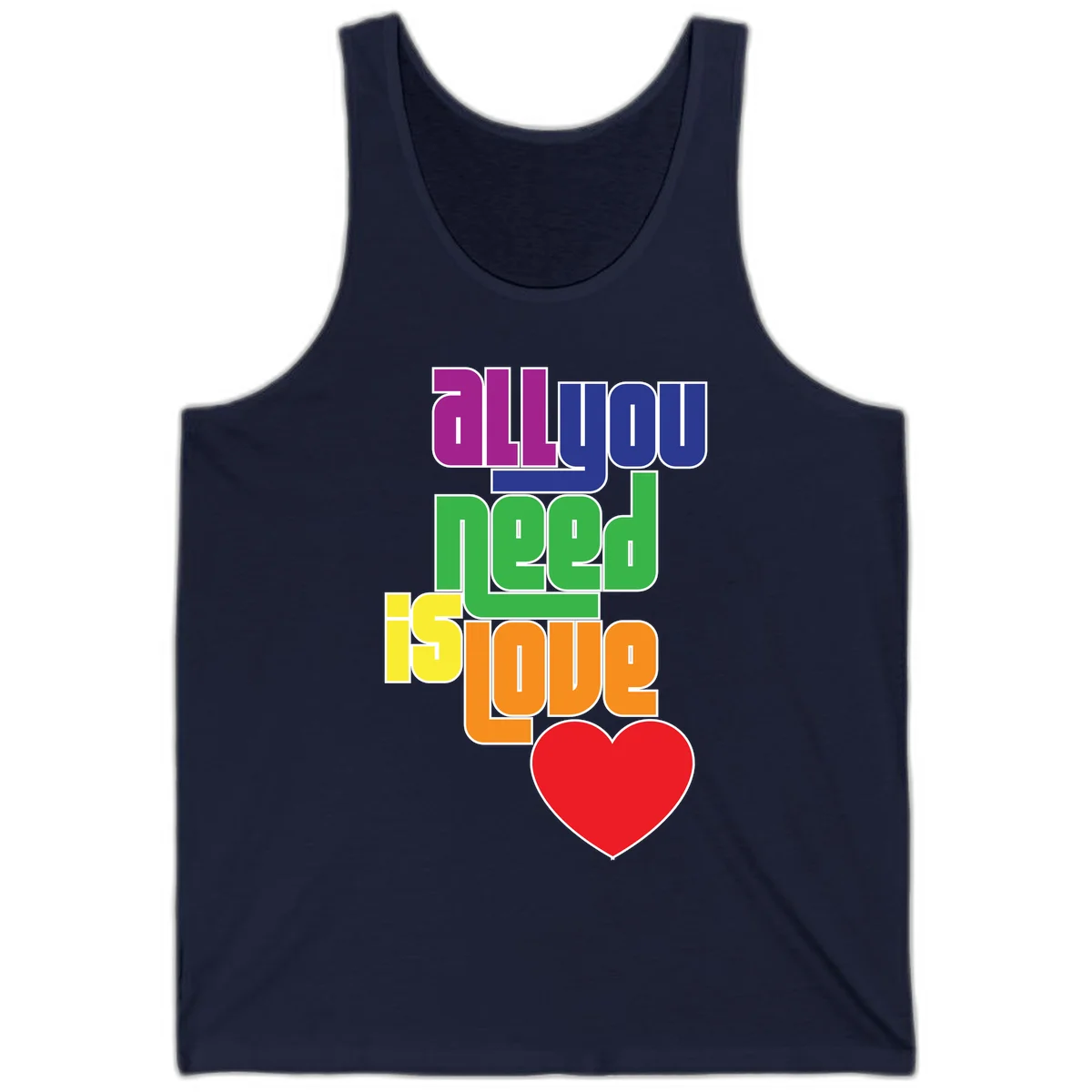 Colorful rainbow typography spelling 'all you need is hope' with a red heart, representing LGBTQ+ pride and inclusivity in Navy