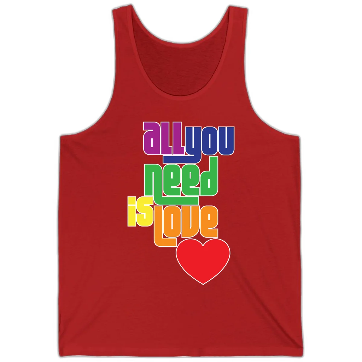 Colorful rainbow typography spelling 'all you need is hope' with a red heart, representing LGBTQ+ pride and inclusivity in Red