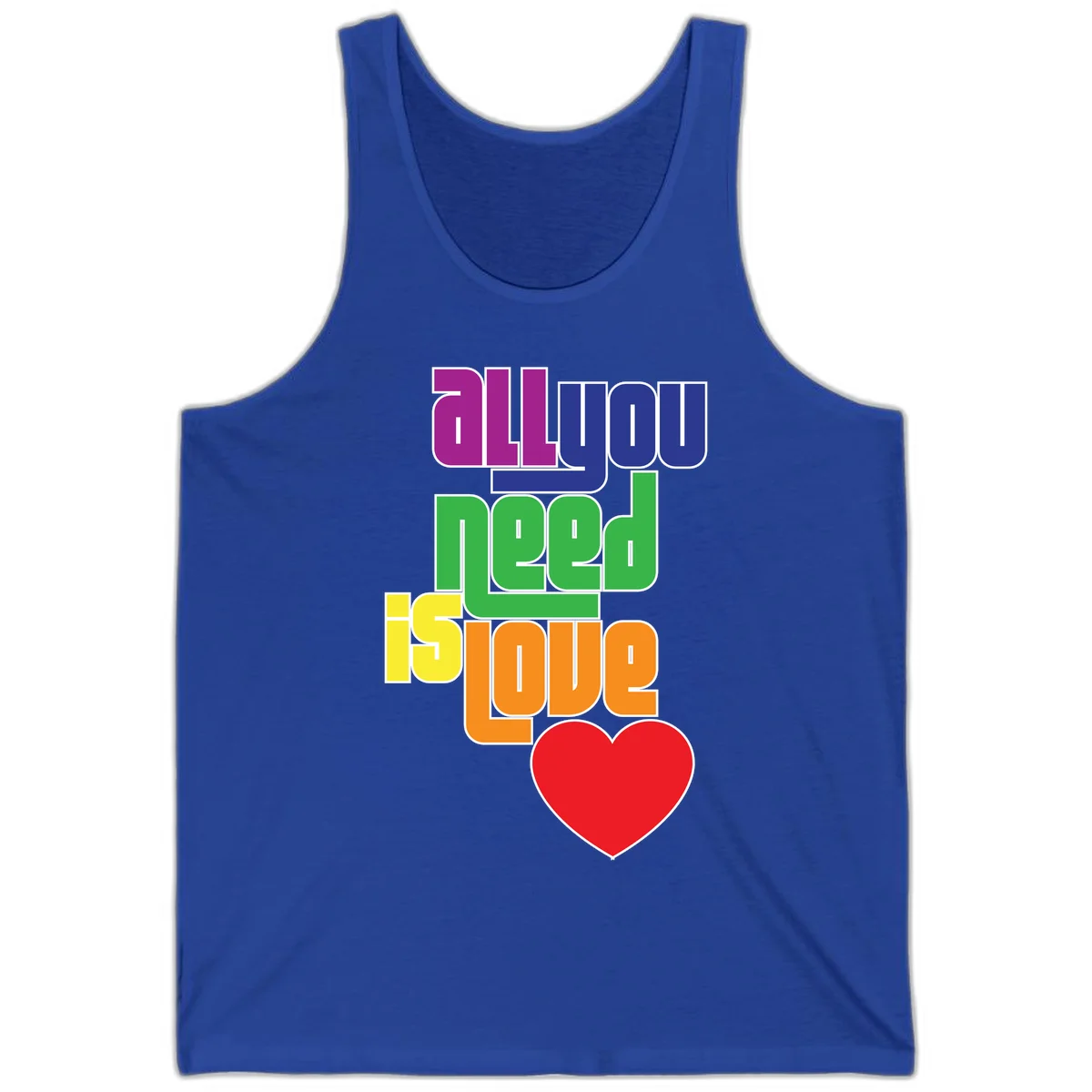 Colorful rainbow typography spelling 'all you need is hope' with a red heart, representing LGBTQ+ pride and inclusivity in True Royal