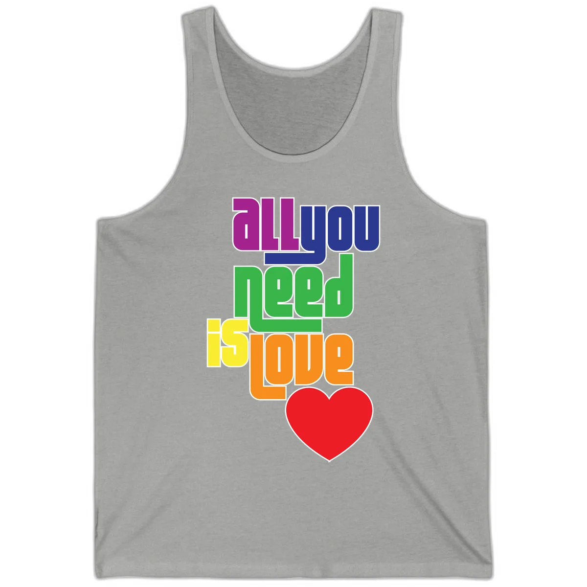 Colorful rainbow typography spelling 'all you need is hope' with a red heart, representing LGBTQ+ pride and inclusivity in Athletic Heather