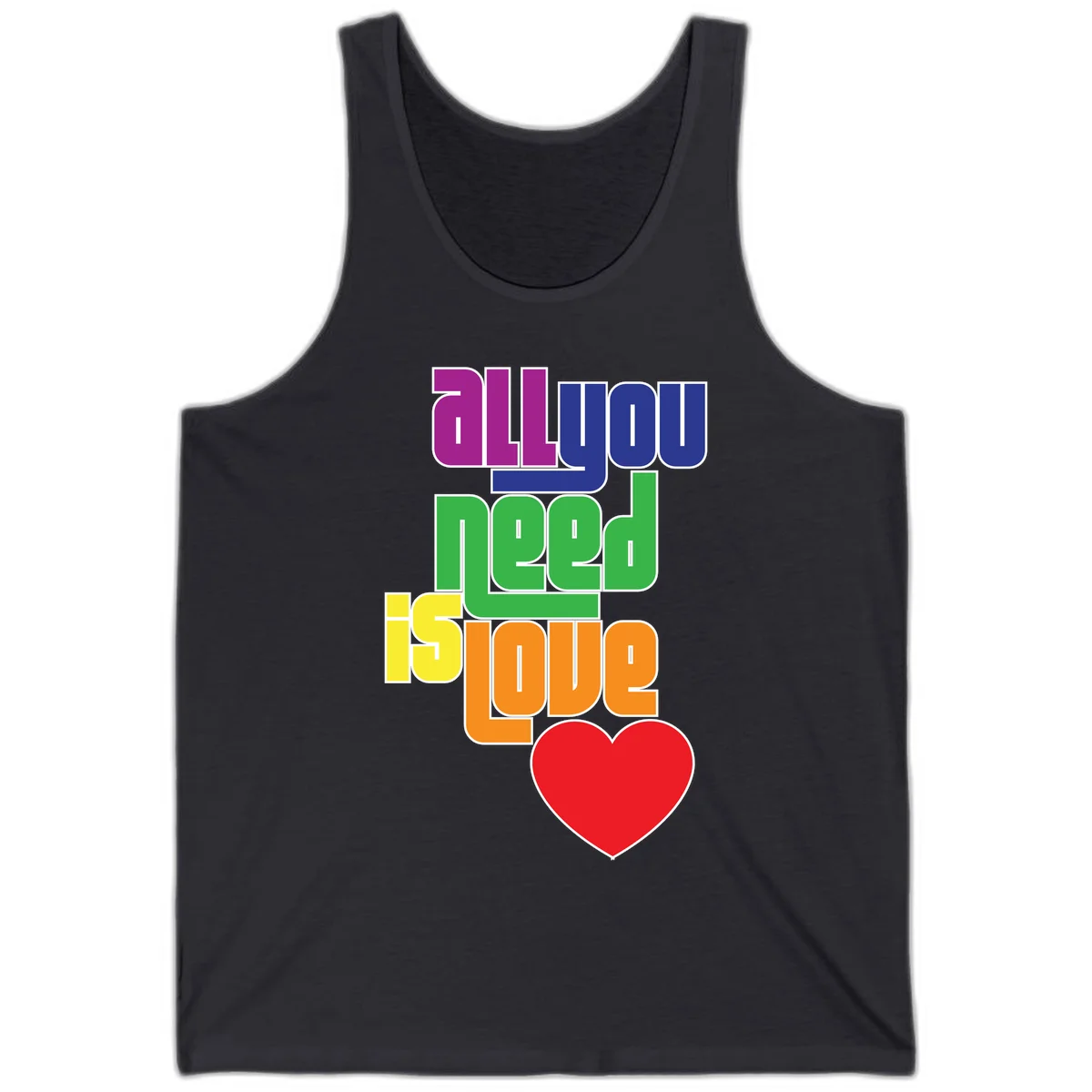 Colorful rainbow typography spelling 'all you need is hope' with a red heart, representing LGBTQ+ pride and inclusivity in Dark Grey