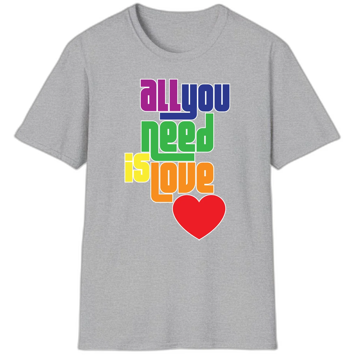 Colorful rainbow typography spelling 'all you need is hope' with a red heart, representing LGBTQ+ pride and inclusivity in Sport Grey
