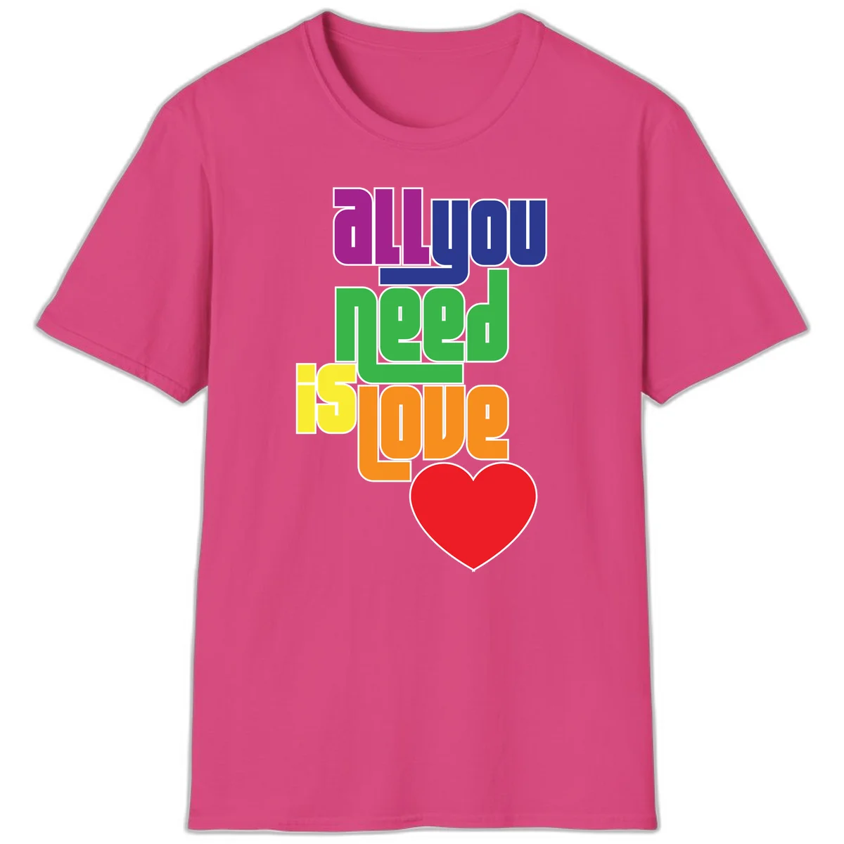 Colorful rainbow typography spelling 'all you need is hope' with a red heart, representing LGBTQ+ pride and inclusivity in Heliconia