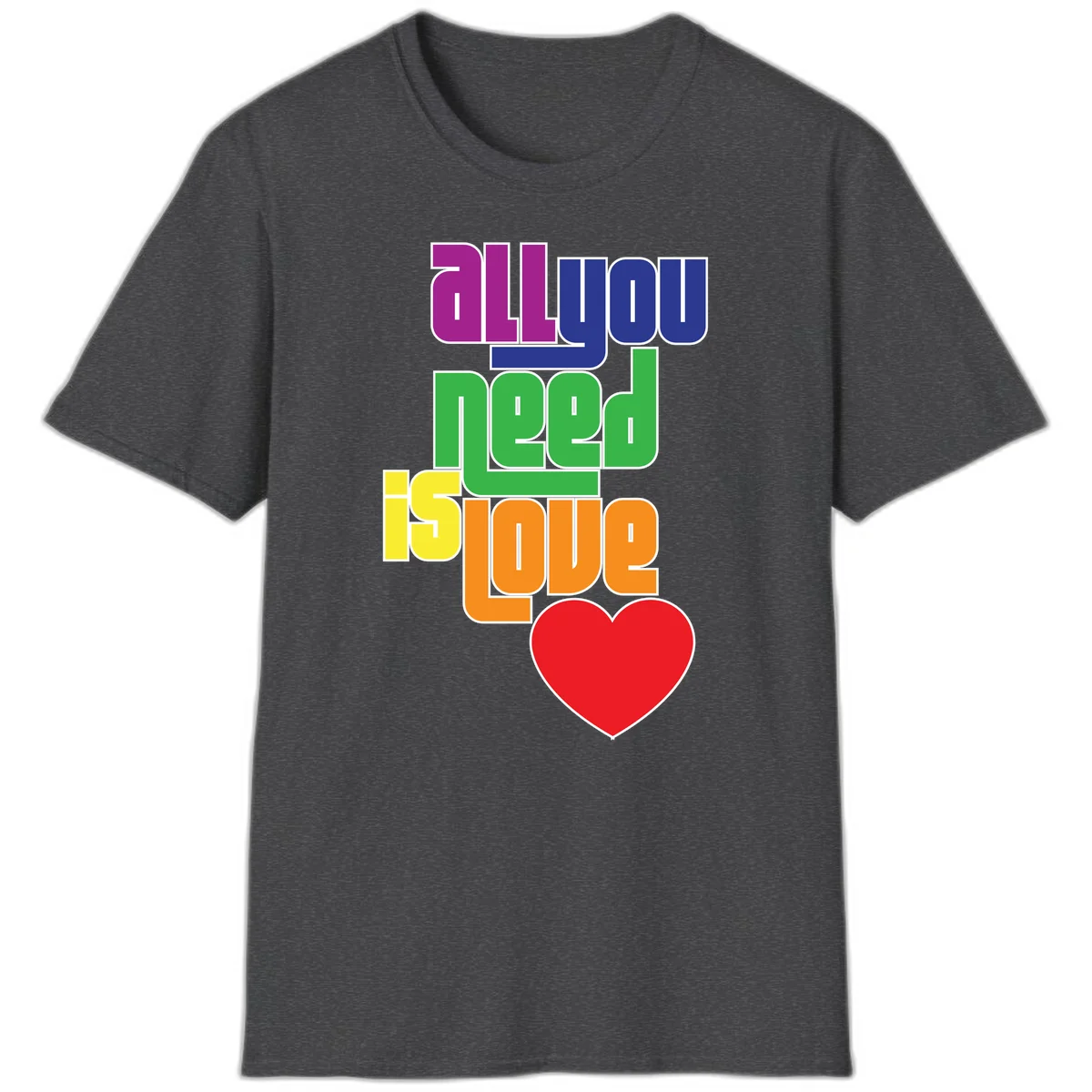 Colorful rainbow typography spelling 'all you need is hope' with a red heart, representing LGBTQ+ pride and inclusivity in Dark Heather