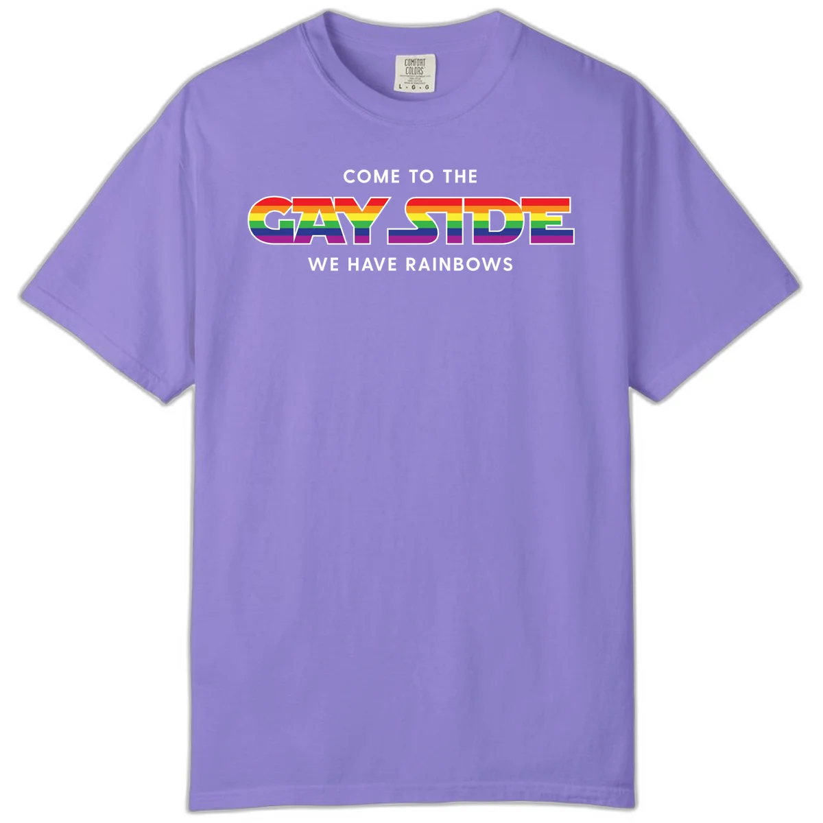 Rainbow pride flag striped text reading "Come To The Gay Side We Have Rainbows" with white outlined lettering on gray background in Violet