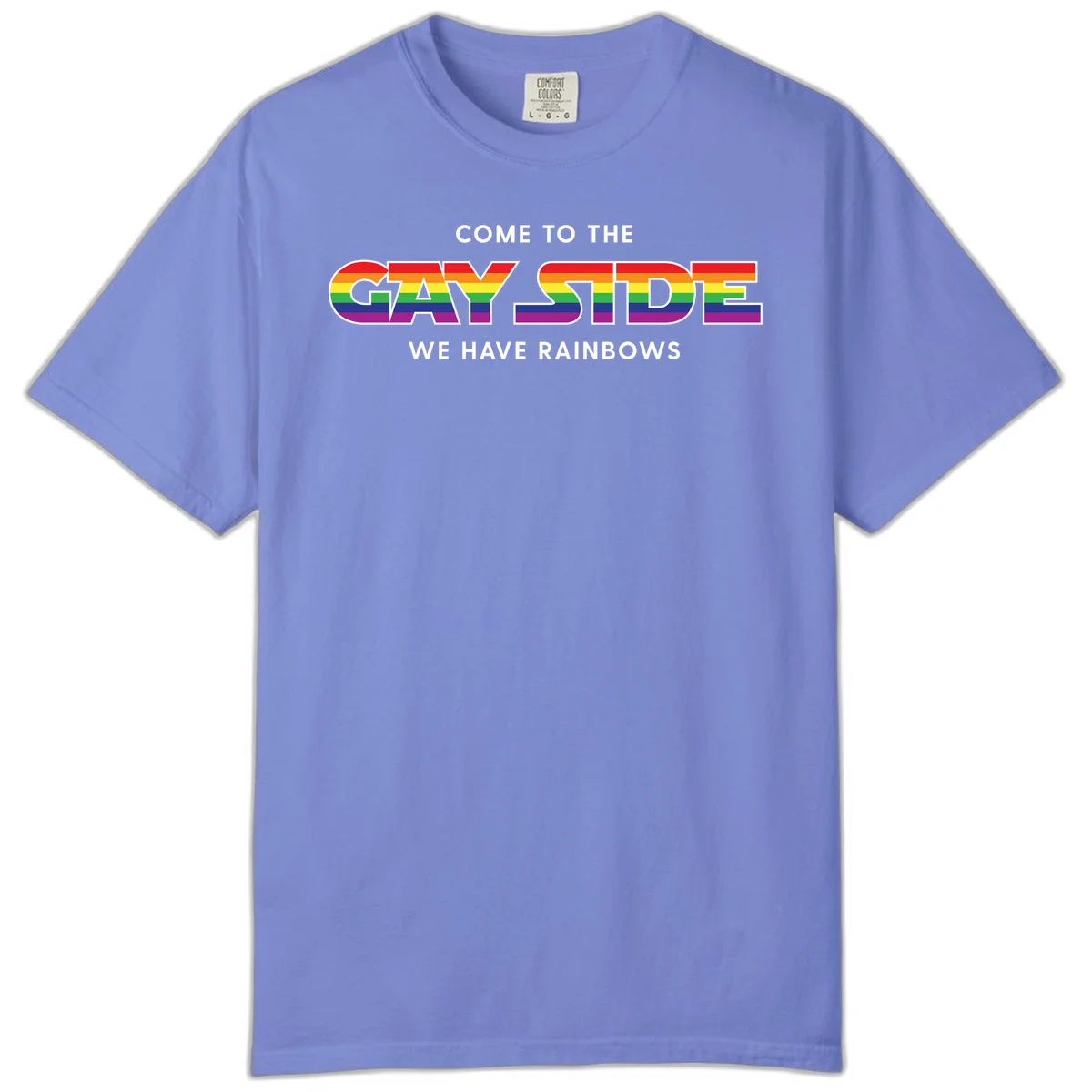 Rainbow pride flag striped text reading "Come To The Gay Side We Have Rainbows" with white outlined lettering on gray background in Flo Blue