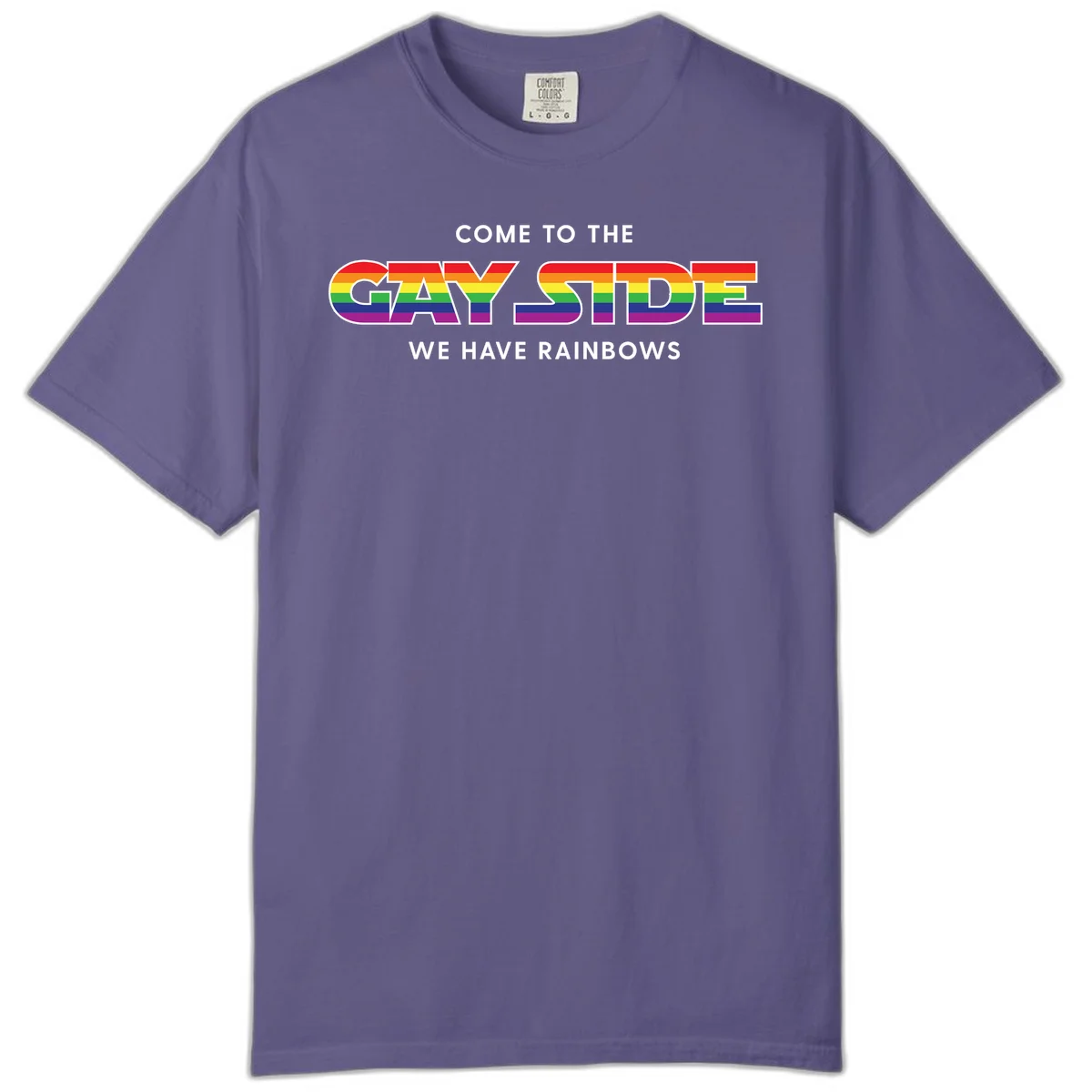 Rainbow pride flag striped text reading "Come To The Gay Side We Have Rainbows" with white outlined lettering on gray background in Grape