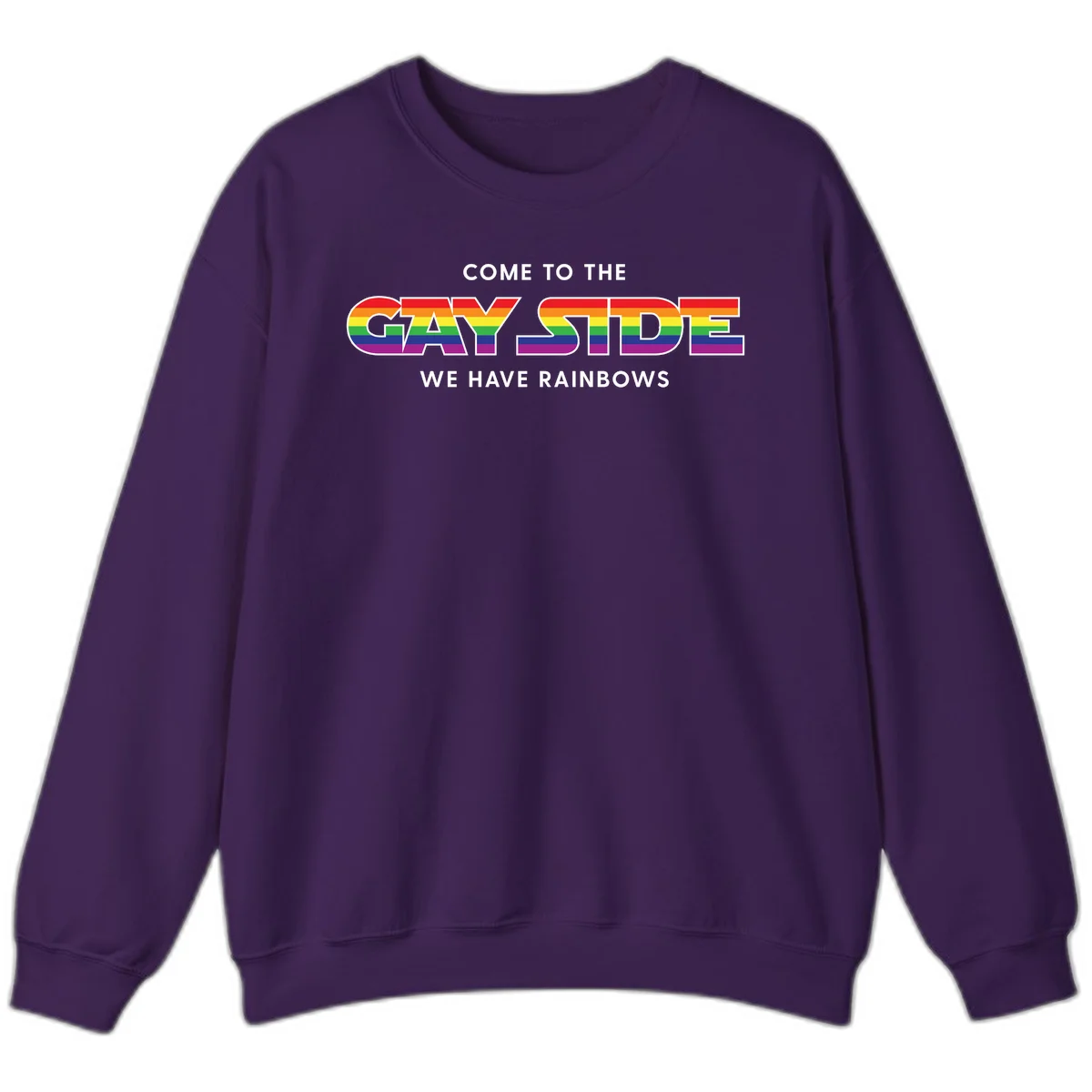 Rainbow pride flag striped text reading "Come To The Gay Side We Have Rainbows" with white outlined lettering on gray background in Purple