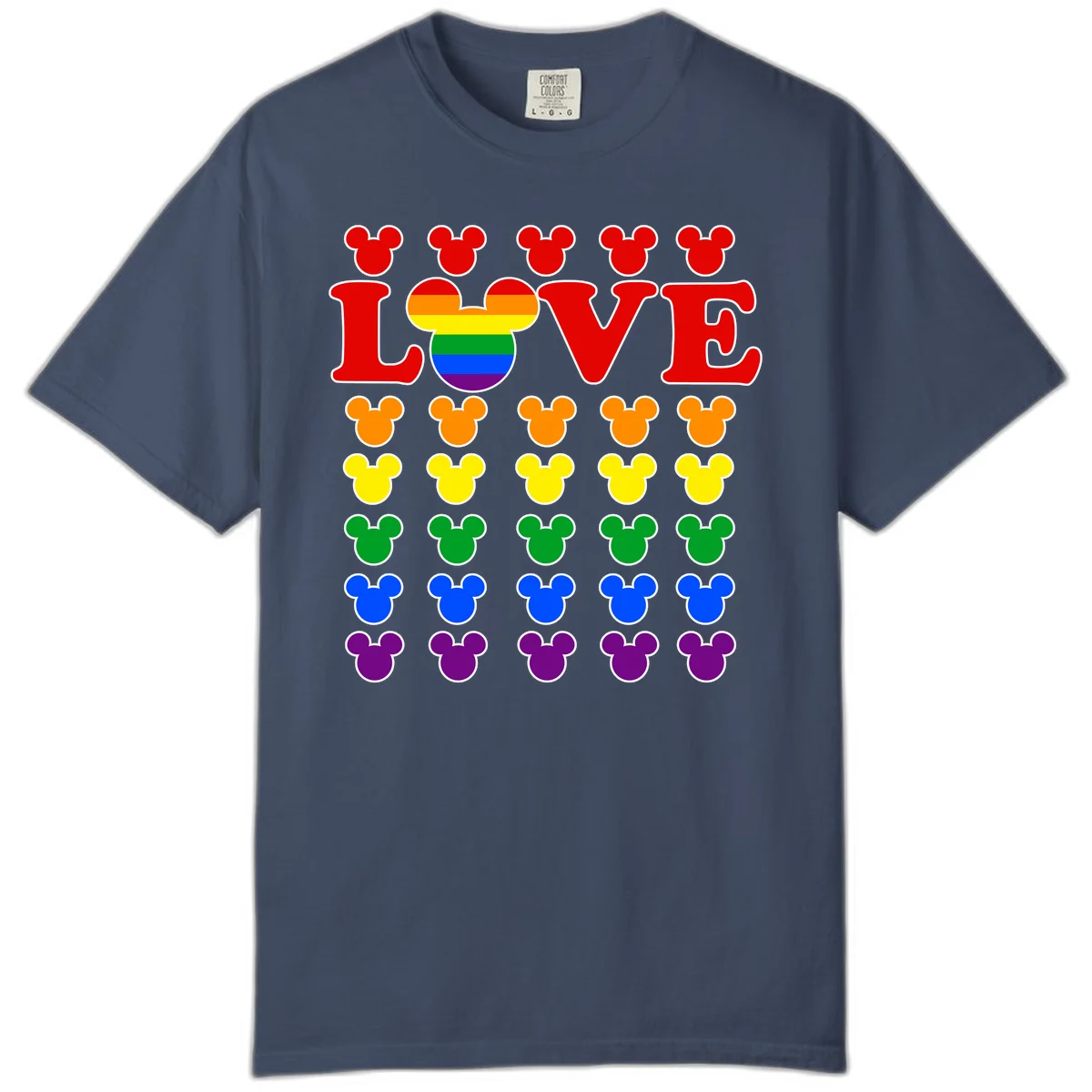 Mickey Love Pride design featuring bold red LOVE text with rainbow-striped Mickey head and colorful Mickey silhouettes border in Midnight