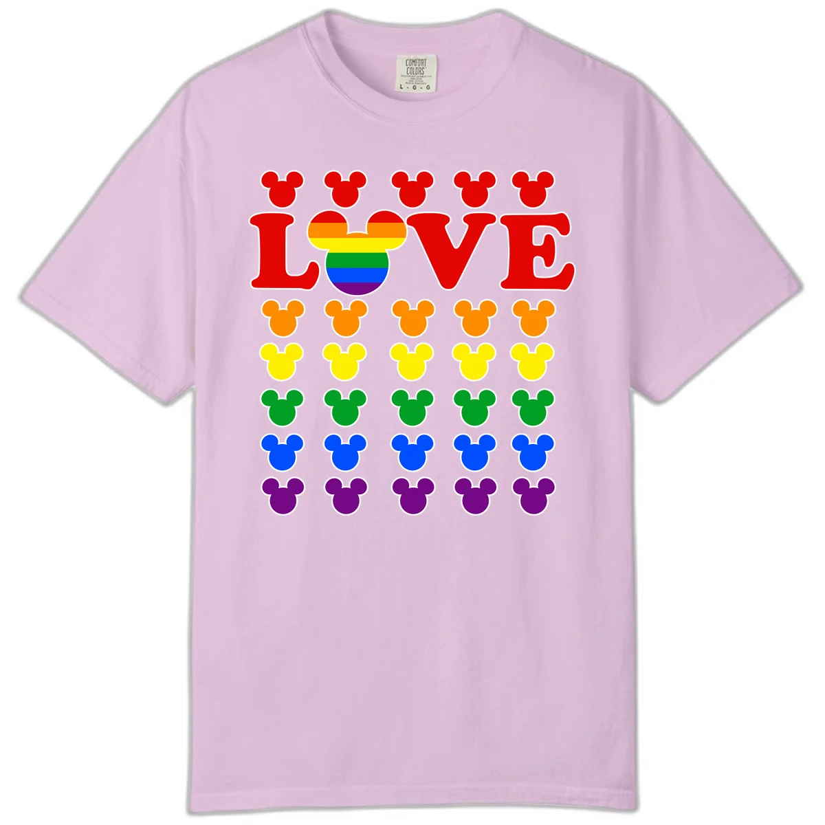 Mickey Love Pride design featuring bold red LOVE text with rainbow-striped Mickey head and colorful Mickey silhouettes border in Orchid