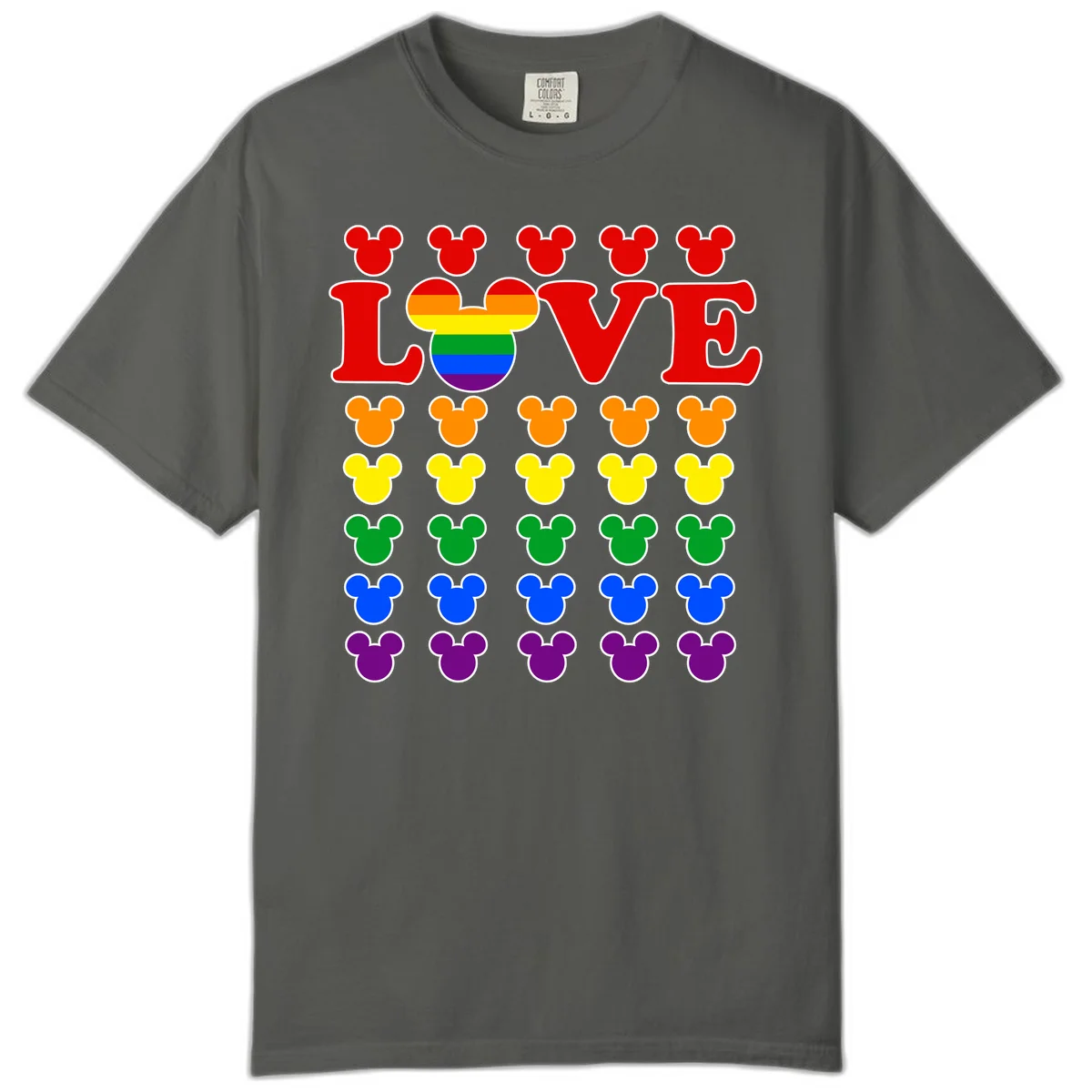 Mickey Love Pride design featuring bold red LOVE text with rainbow-striped Mickey head and colorful Mickey silhouettes border in Pepper